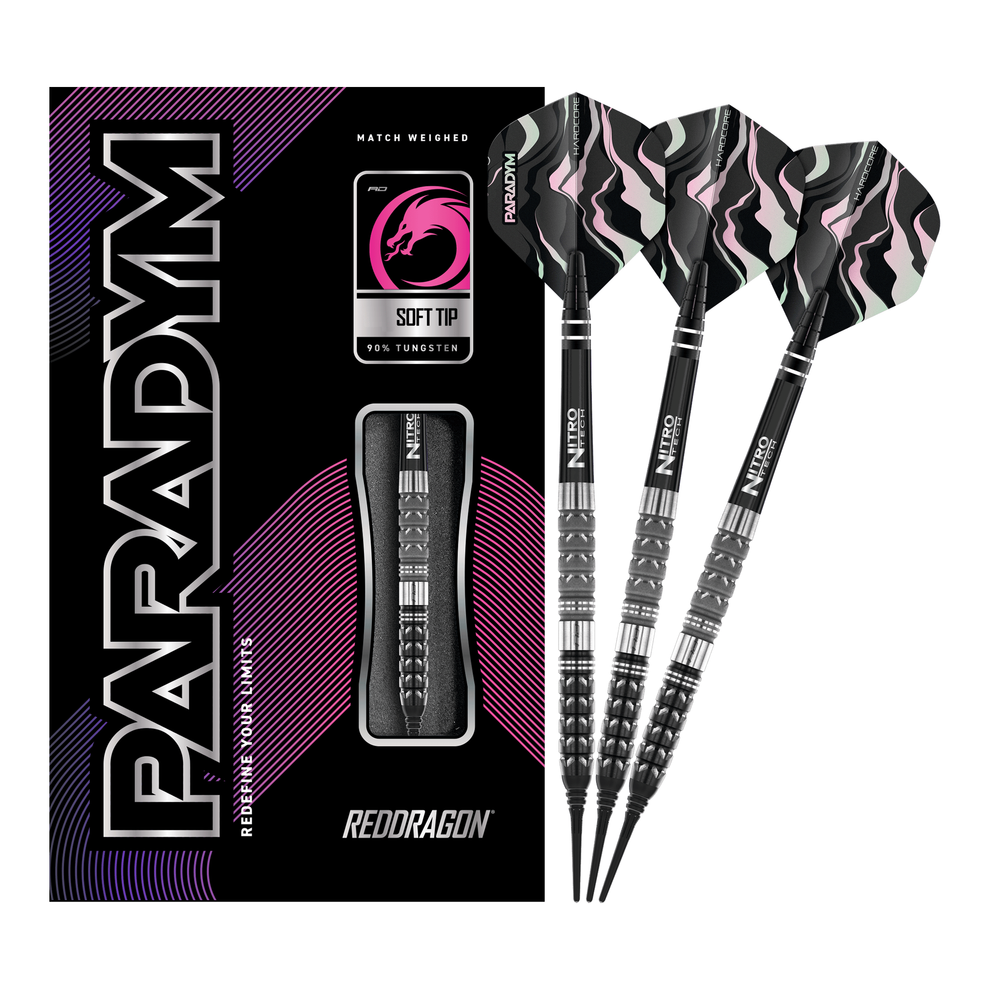 Freccette morbide coniche Red Dragon Paradym - 20 g Das Bild zeigt die Red Dragon Paradym Tapered Softdarts mit einem Gewicht von 20g. Rechts sind drei stilvolle Softdarts zu sehen, links befindet sich die dazugehörige Verpackung.