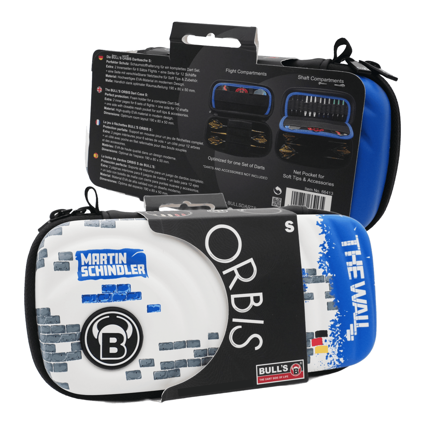 Custodia per freccette Bulls Orbis S Martin Schindler Das Bild zeigt das Produkt "Bulls Orbis S Martin Schindler Dartcase" in einer Verpackung. Das Dartcase ist bunt gestaltet und trägt den Namen "Martin Schindler" sowie "The Wall".