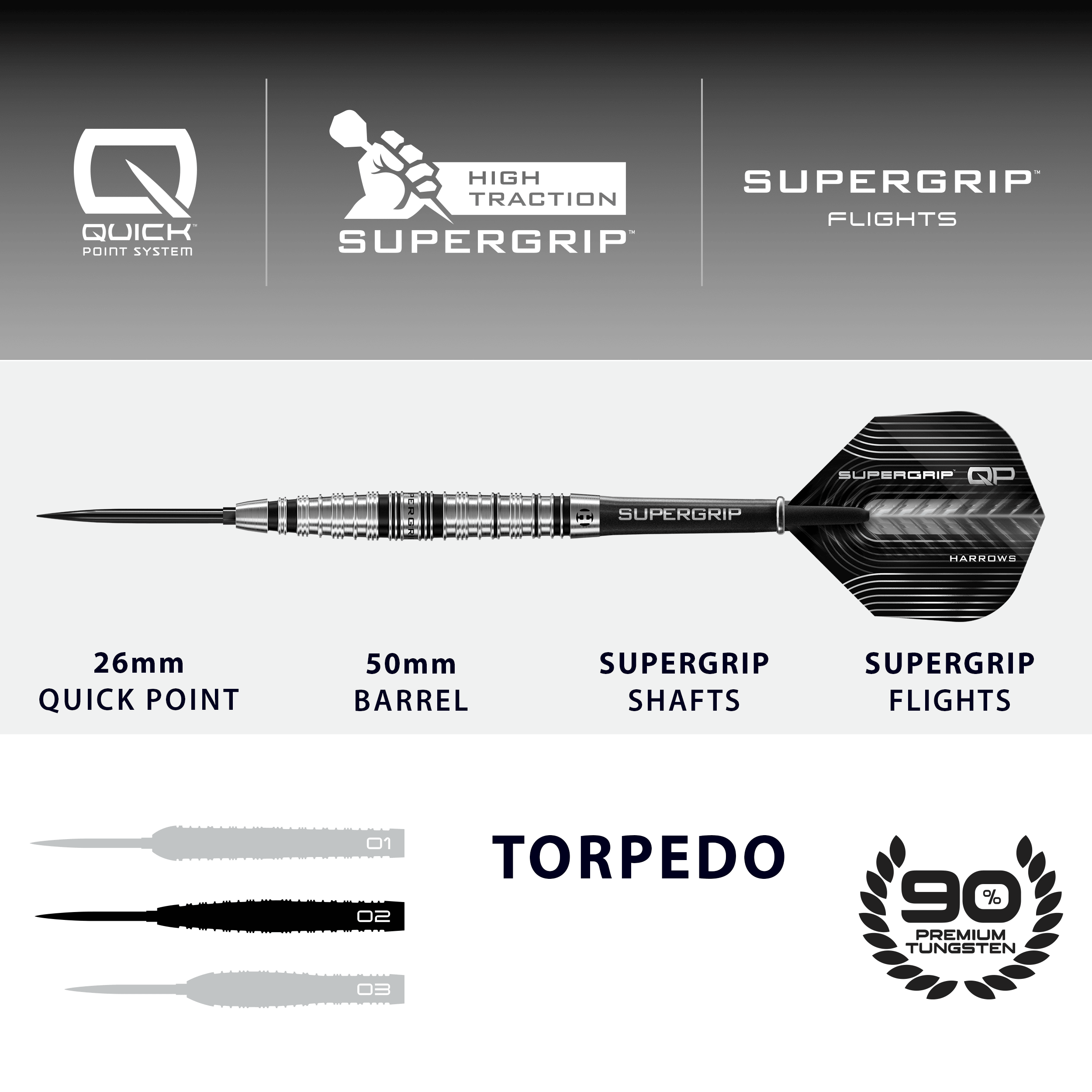 Freccette in acciaio Harrows Supergrip Torpedo Quick Point Dieses Bild zeigt die Harrows Supergrip Torpedo Quick Point Steeldarts. Der Artikel ist in Nahaufnahme zu sehen.
