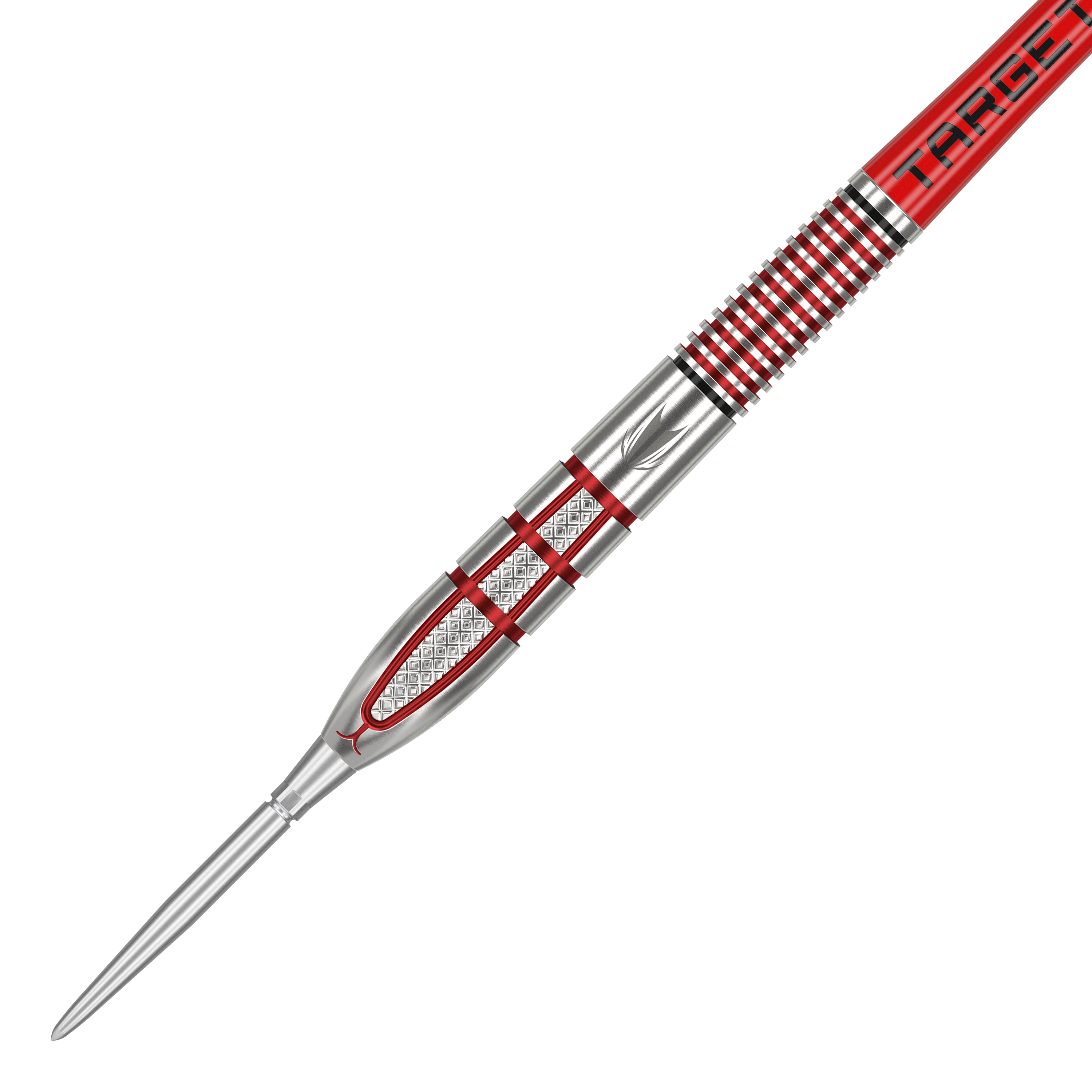 Freccette in acciaio Target Nathan Aspinall GEN2 Swiss Point Das Bild zeigt einen Target Nathan Aspinall GEN2 Swiss Point Steeldart. Der Dart hat ein silbernes und rotes Design mit präzisen Gravuren und Rillen für besseren Halt.