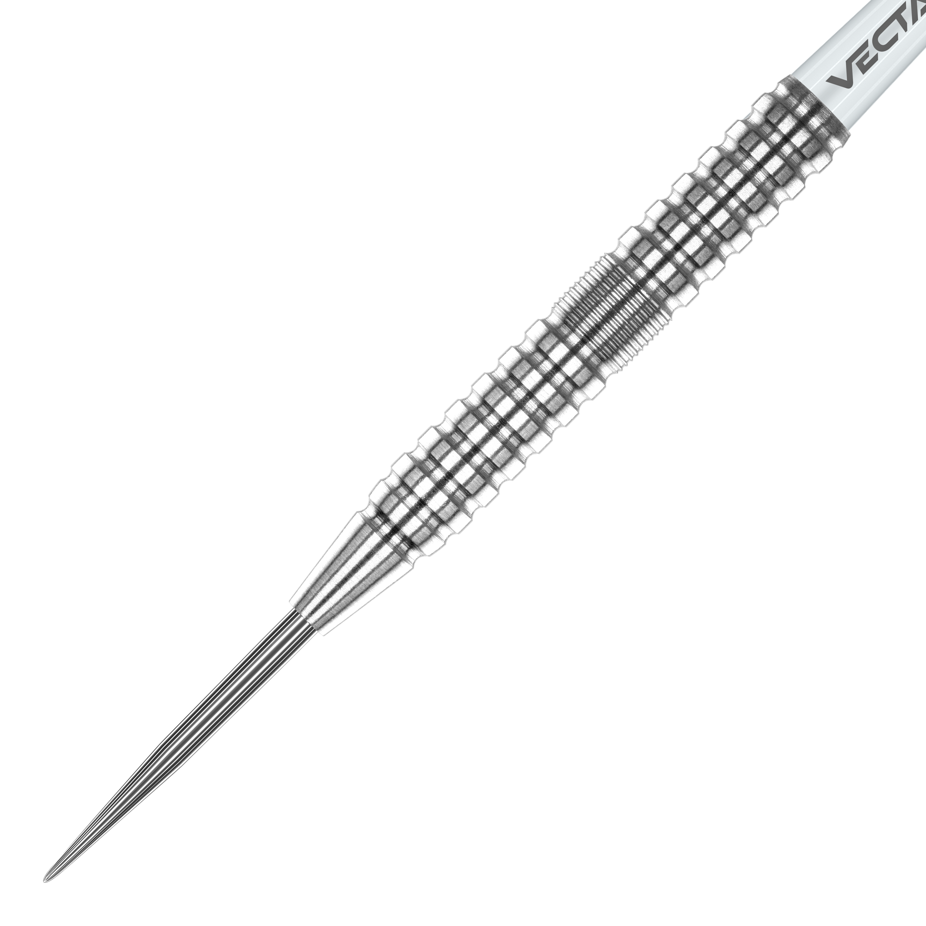 Freccette in acciaio Winmau Willie O'Connor - 23 g Das Bild zeigt einen silbernen Winmau Willie OConnor Steeldart mit einem Gewicht von 23g. Der Dartpfeil hat eine strukturierte und geriffelte Oberfläche für besseren Halt.