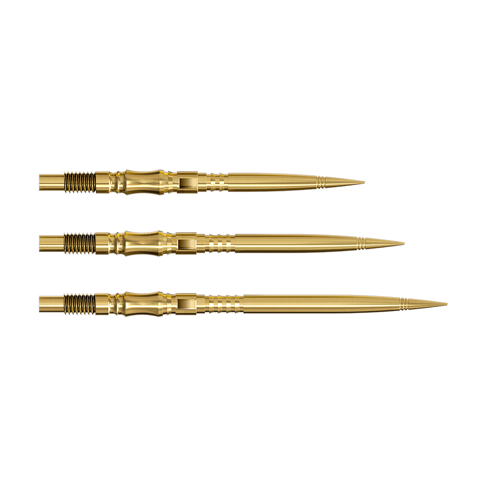 Punte per freccette Harrows Quick Point Axis Elite Series - Oro Die Harrows Quick Point Axis Elite Series Dartspitzen in Gold sind auf dem Bild zu sehen. Mehrere goldene Dartspitzen liegen nebeneinander.