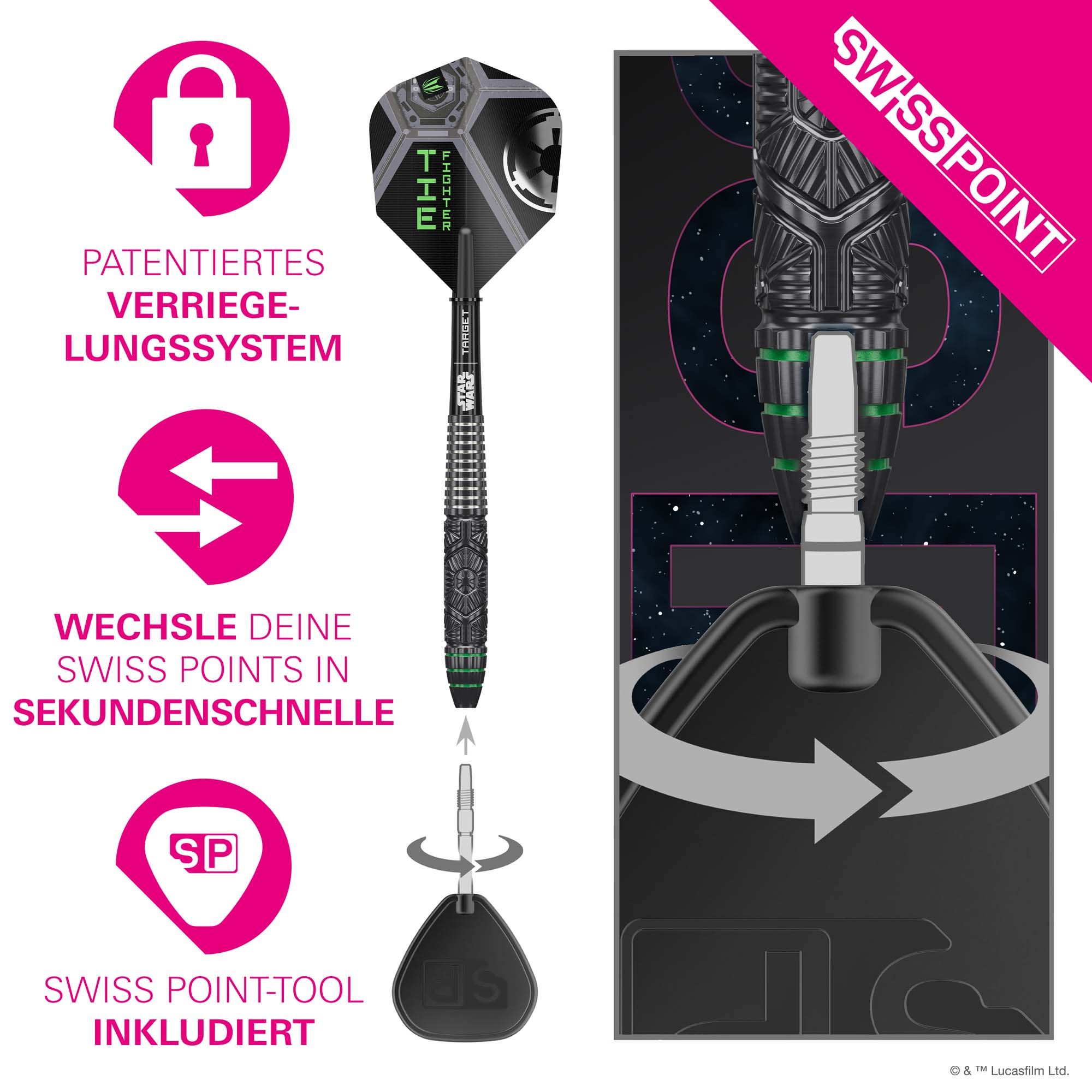 Freccette in acciaio con punta svizzera Target Star Wars Tie Fighter Target Star Wars Tie Fighter Swiss Point Steeldarts ist auf dem Bild zu sehen. Es handelt sich um Steeldarts, inspiriert von Star Wars.