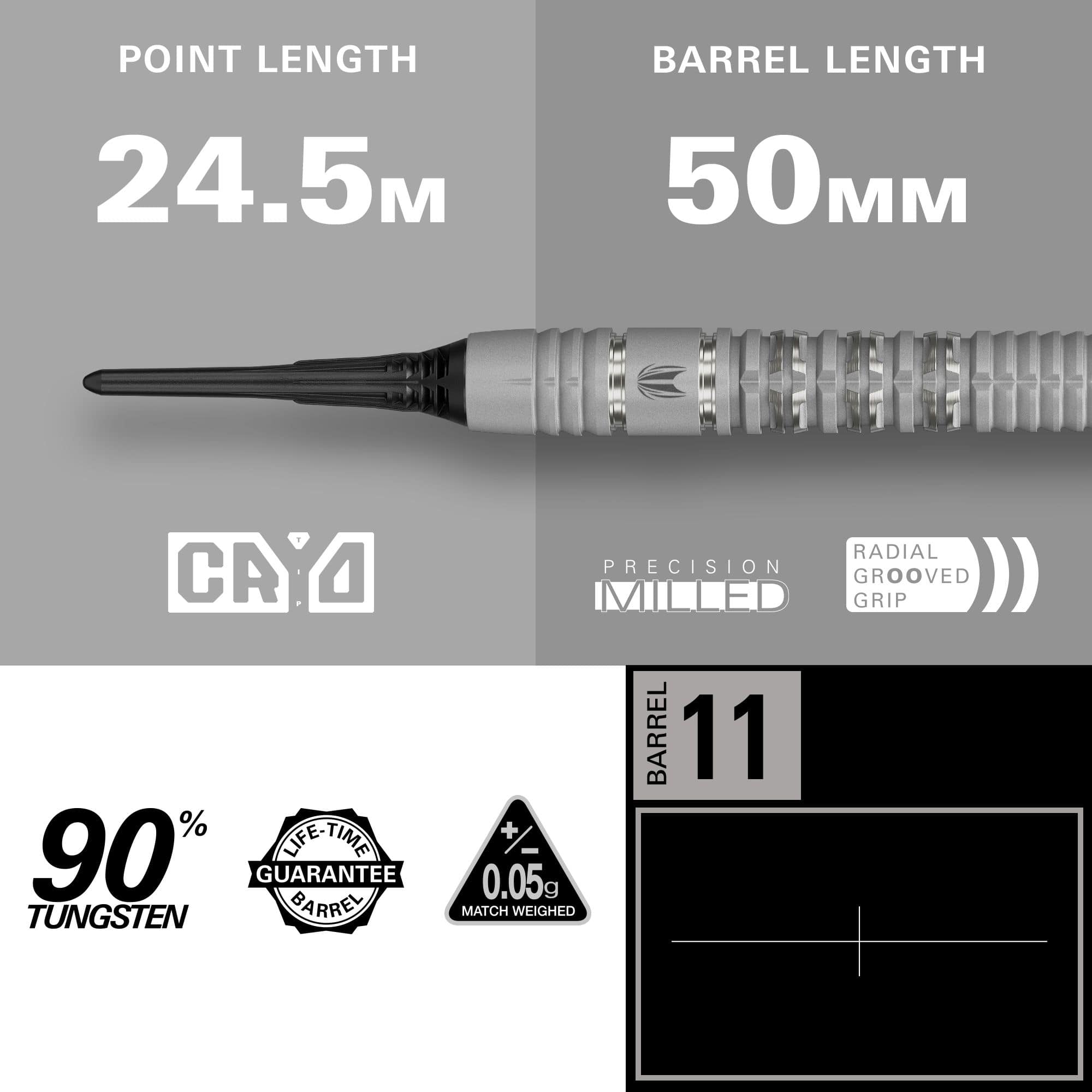 Freccette morbide Target Cryo 11 Dies ist ein Bild der Target Cryo 11 Softdarts. Diese Softdarts bieten eine neue Formgebung für fortschrittliches Dartspiel.