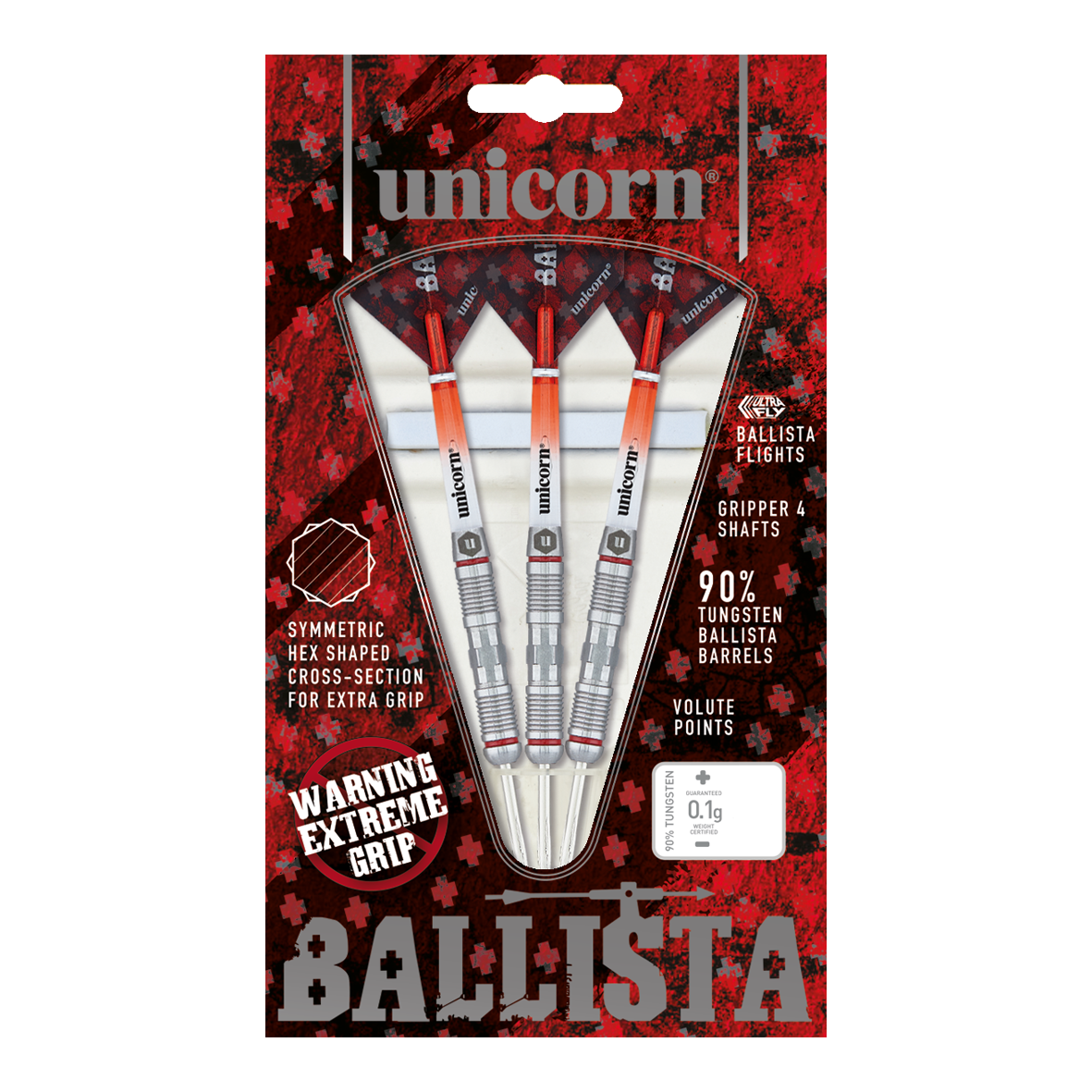 Unicorn Ballista Style 2 dardi in acciaio Das Bild zeigt eine Packung "Unicorn Ballista Style 2 Steeldarts" mit drei Darts. Die Verpackung hebt den extremen Grip und den 90%igen Tungsten-Anteil der Barrels hervor.