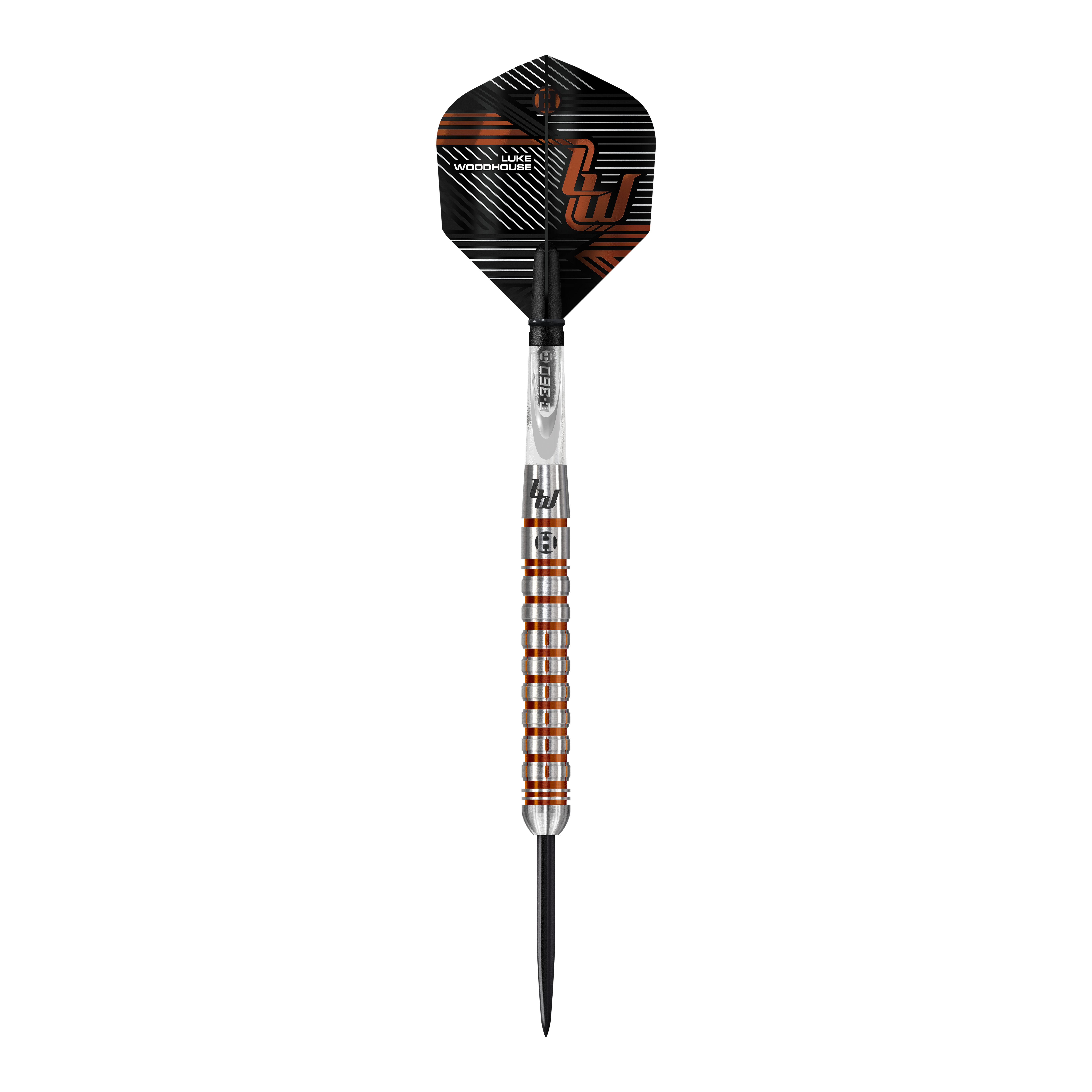 Freccette in acciaio Luke Woodhouse Series 2 di Harrow Das Bild zeigt einen Steeldart der Marke "Harrows Luke Woodhouse Series 2". Der Dart hat ein auffälliges Design mit silbernen und bronzefarbenen Ringen am Griff und einer schwarz-orangen Flights.