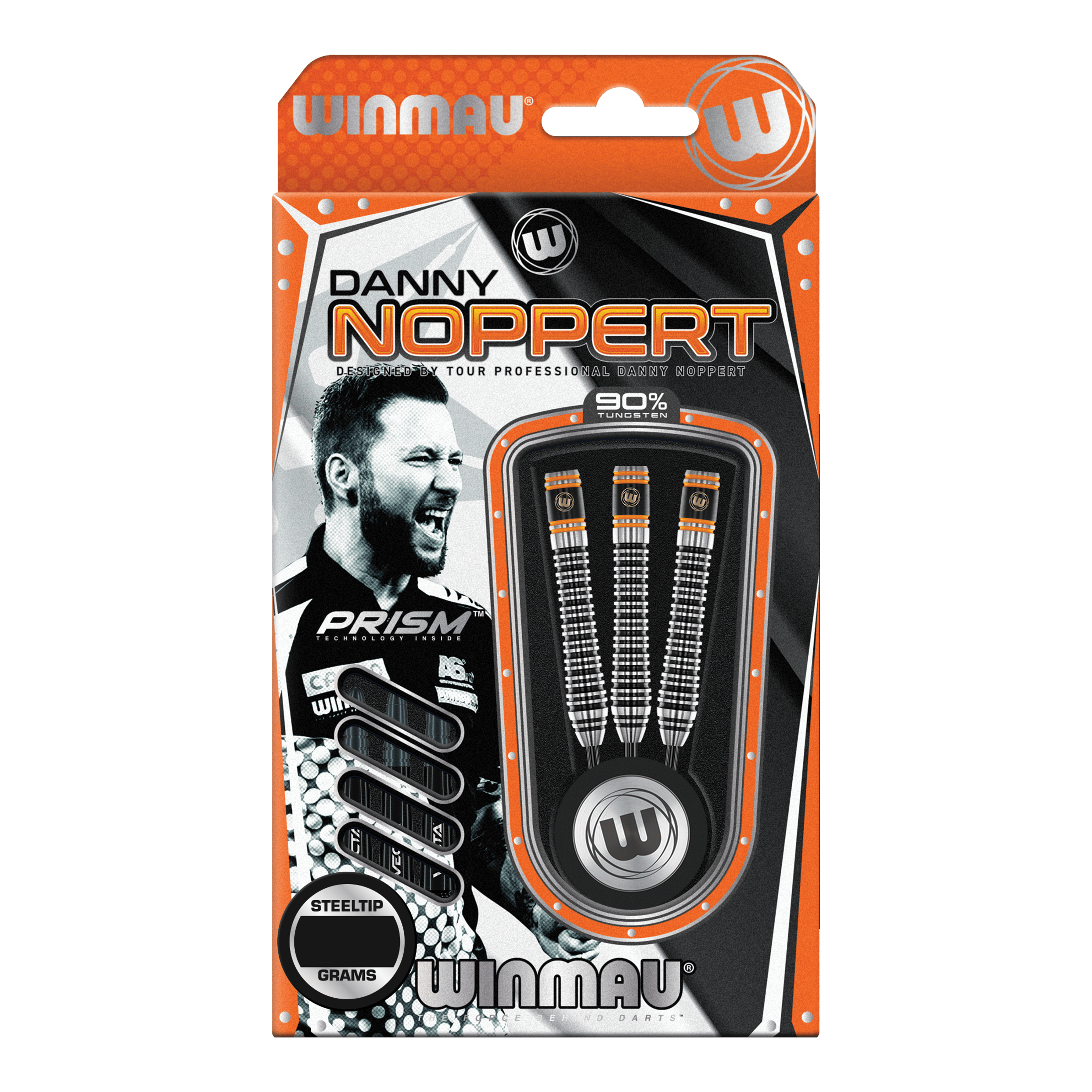 Winmau Danny Noppert Signature Edition 2 freccette in acciaio Auf dem Bild ist eine Packung „Winmau Danny Noppert Signature Edition 2 Steeldarts“ zu sehen. Die Verpackung zeigt drei Steeldarts und ein Porträt von Danny Noppert.