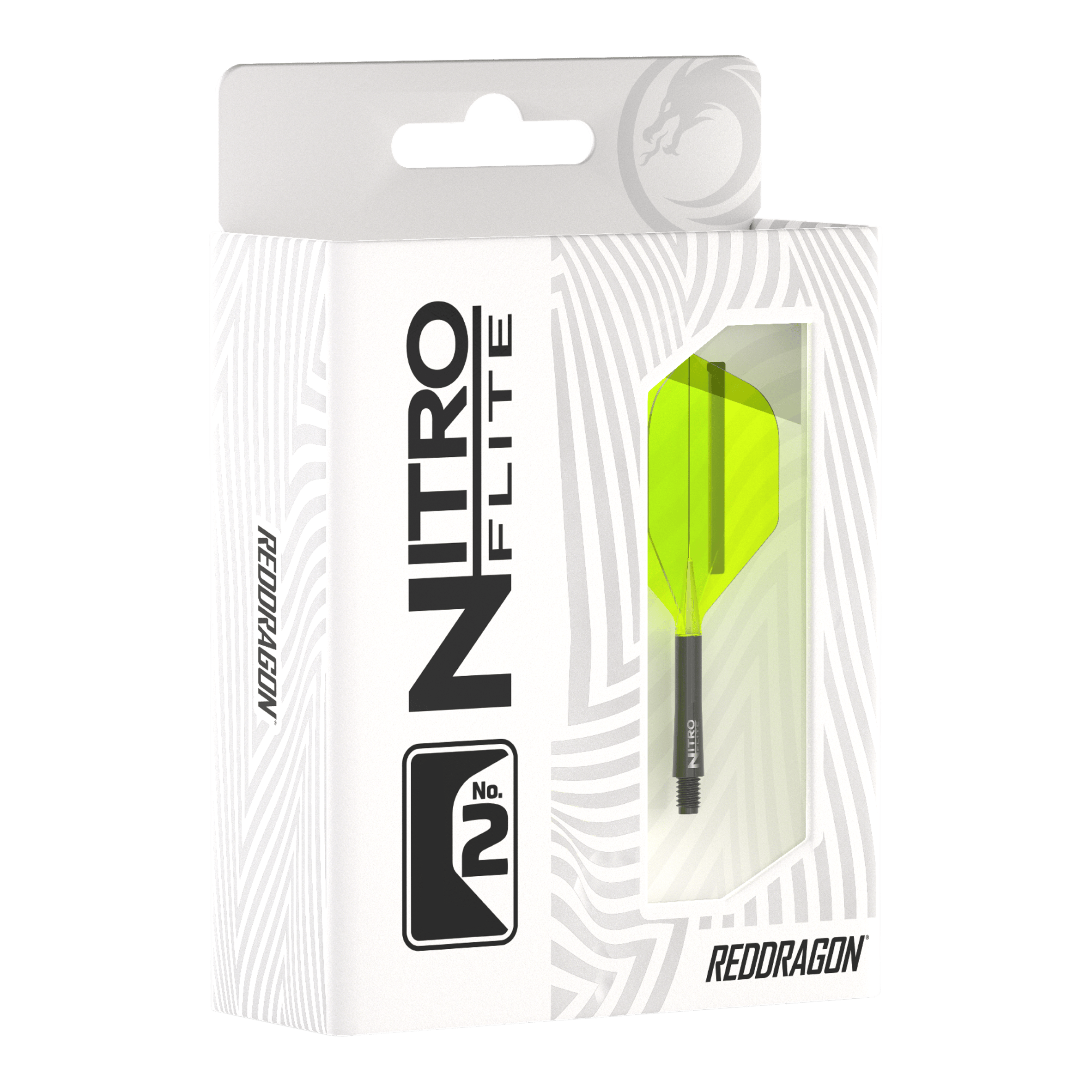 Red Dragon Nitroflite - Asta Nera Gialla N.2 Voli Die Abbildung zeigt die Verpackung des Produkts "Red Dragon Nitroflite - Black Shaft Yellow No2 Flights". In der Packung ist ein Dartflight mit gelben Flügeln und schwarzem Schaft zu sehen.