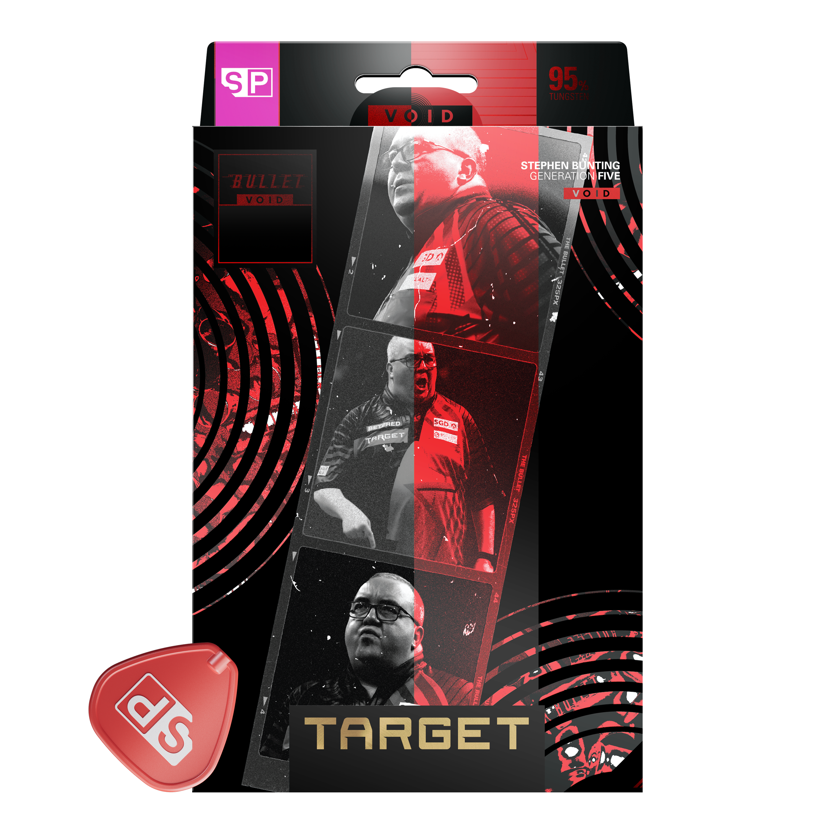 Freccette in acciaio Target Stephen Bunting GEN5 Void Swiss Point Zu sehen sind die Target Stephen Bunting GEN5 Void Swiss Point Steeldarts. Die Darts überzeugen durch ihr markantes Design und ihre gute Griffigkeit.