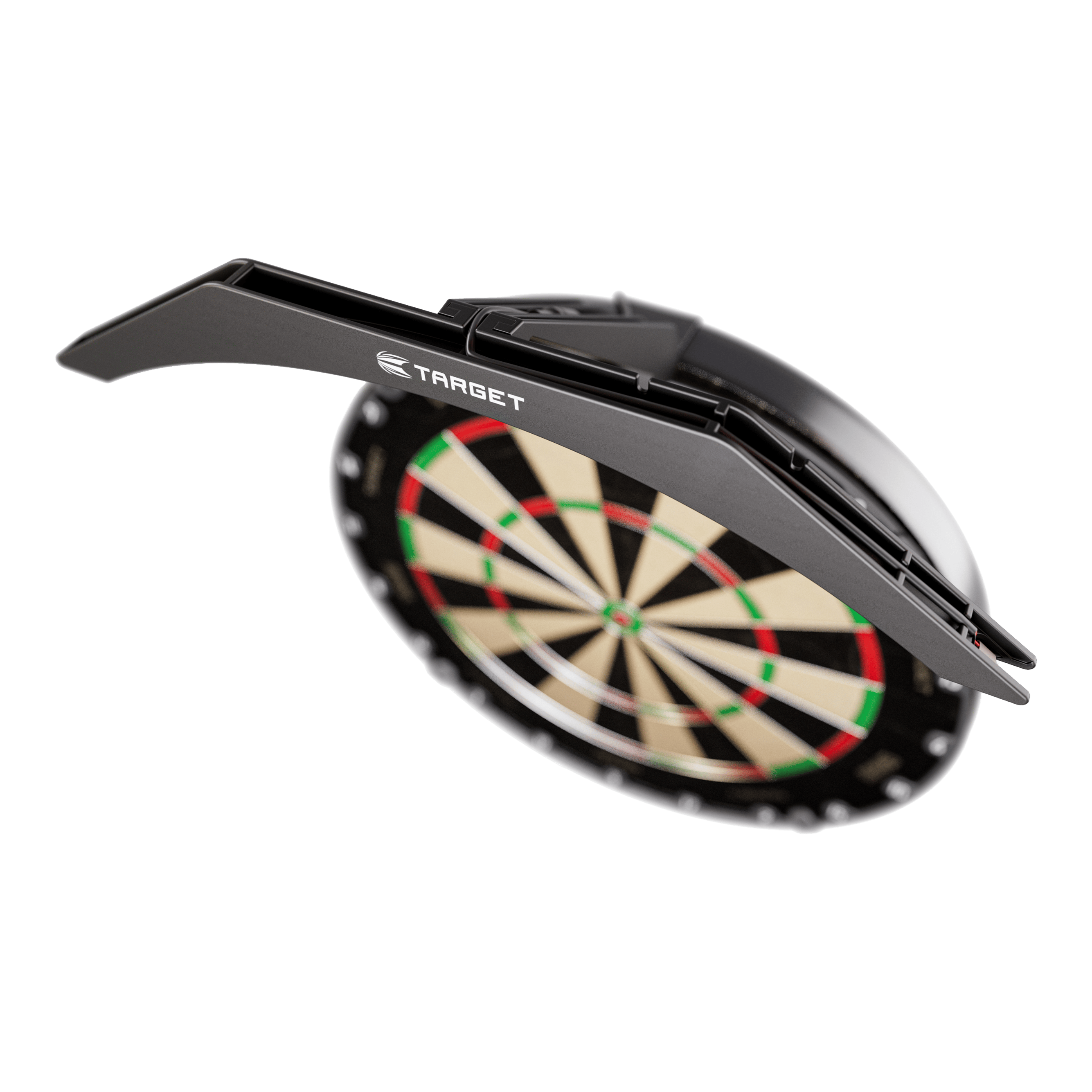 Illuminazione per bersaglio Target ARC V2 Das Bild zeigt die "Target ARC V2 Dartboard Beleuchtung", die über einem Dartboard angebracht ist. Die Beleuchtung sorgt für optimale Ausleuchtung der Dartscheibe beim Spielen.