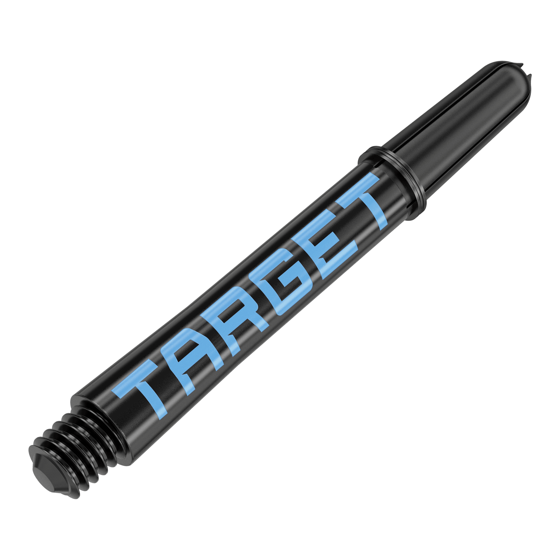 Aste Target Pro Grip TAG - 3 set - Nero Blu Dies ist ein schwarzer Dart-Schaft mit blauer Schrift. Auf dem Schaft steht das Wort "TARGET".