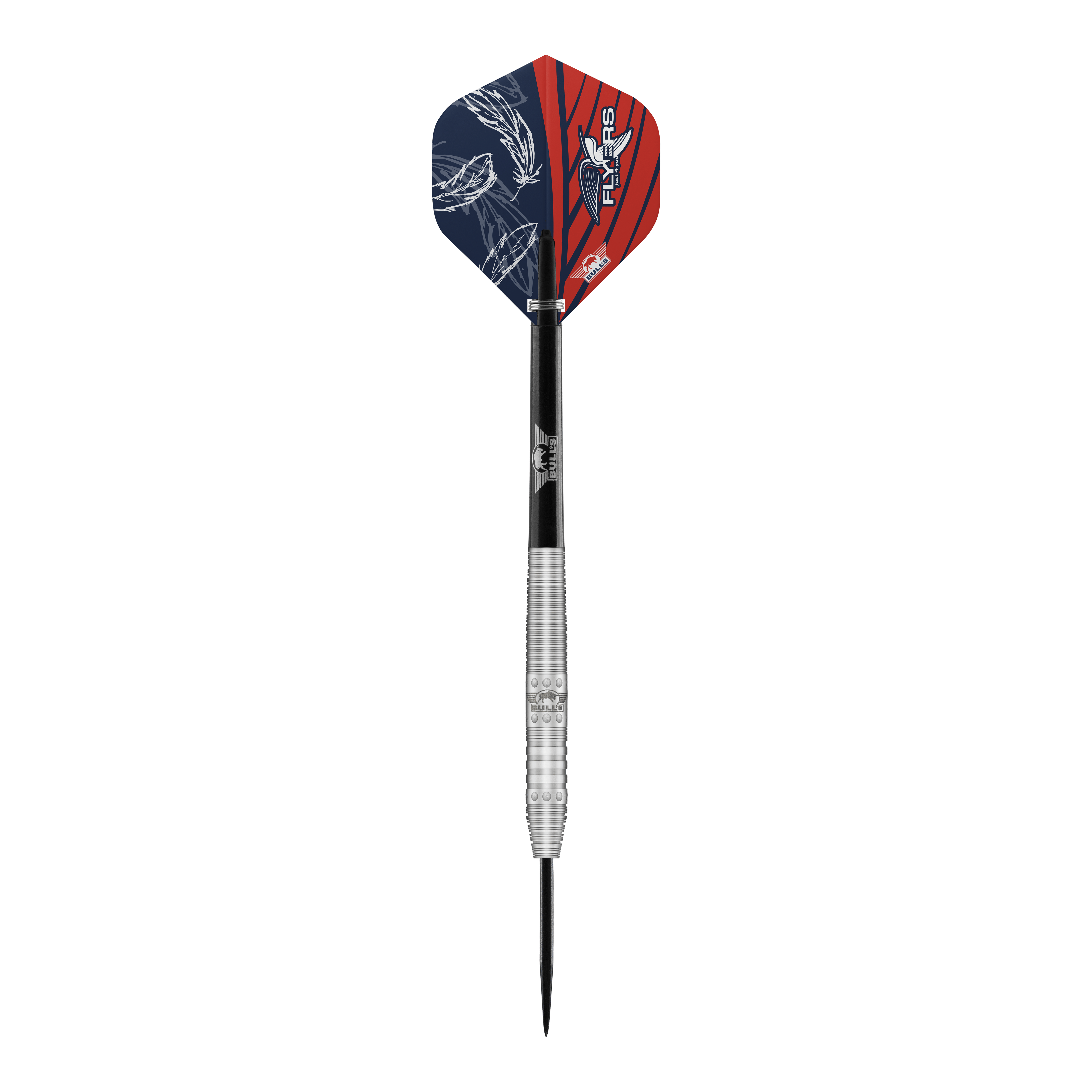 Bulls NL Richard Veenstra 80 freccette in acciaio - 23 g Das Bild zeigt einen Steeldartpfeil namens "Bulls NL Richard Veenstra 80 Steeldarts - 23g". Der Dart hat eine silberne, gerillte Spitze und bunte Flights in Blau und Rot mit weißen Mustern.