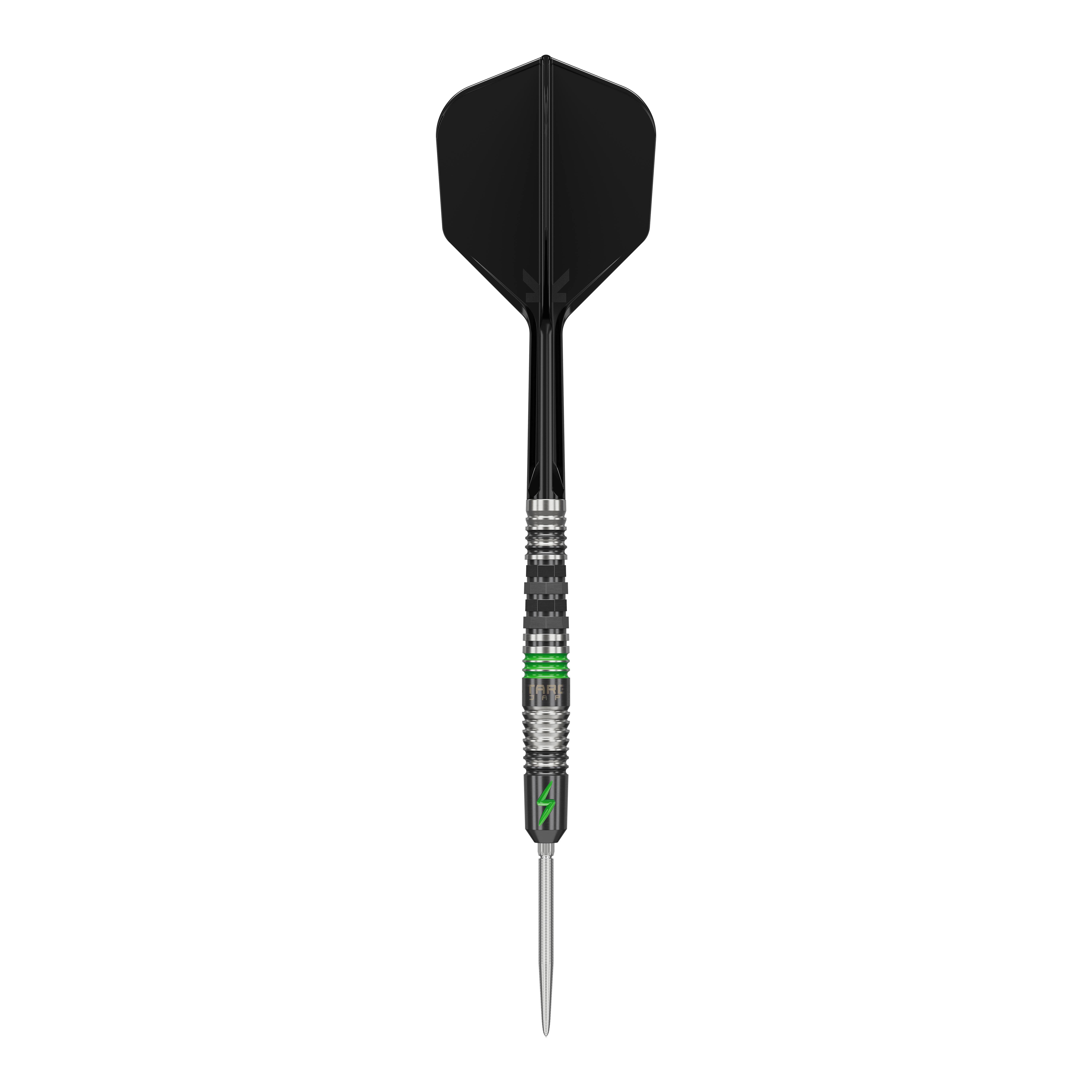 Freccette in acciaio Target Japan Black Marque Lightning 3 SP Das Bild zeigt einen Target Japan Black Marque Lightning 3 SP Steeldart. Der Dartpfeil hat ein schwarzes Flight und Details in Silber und Grün am Schaft.