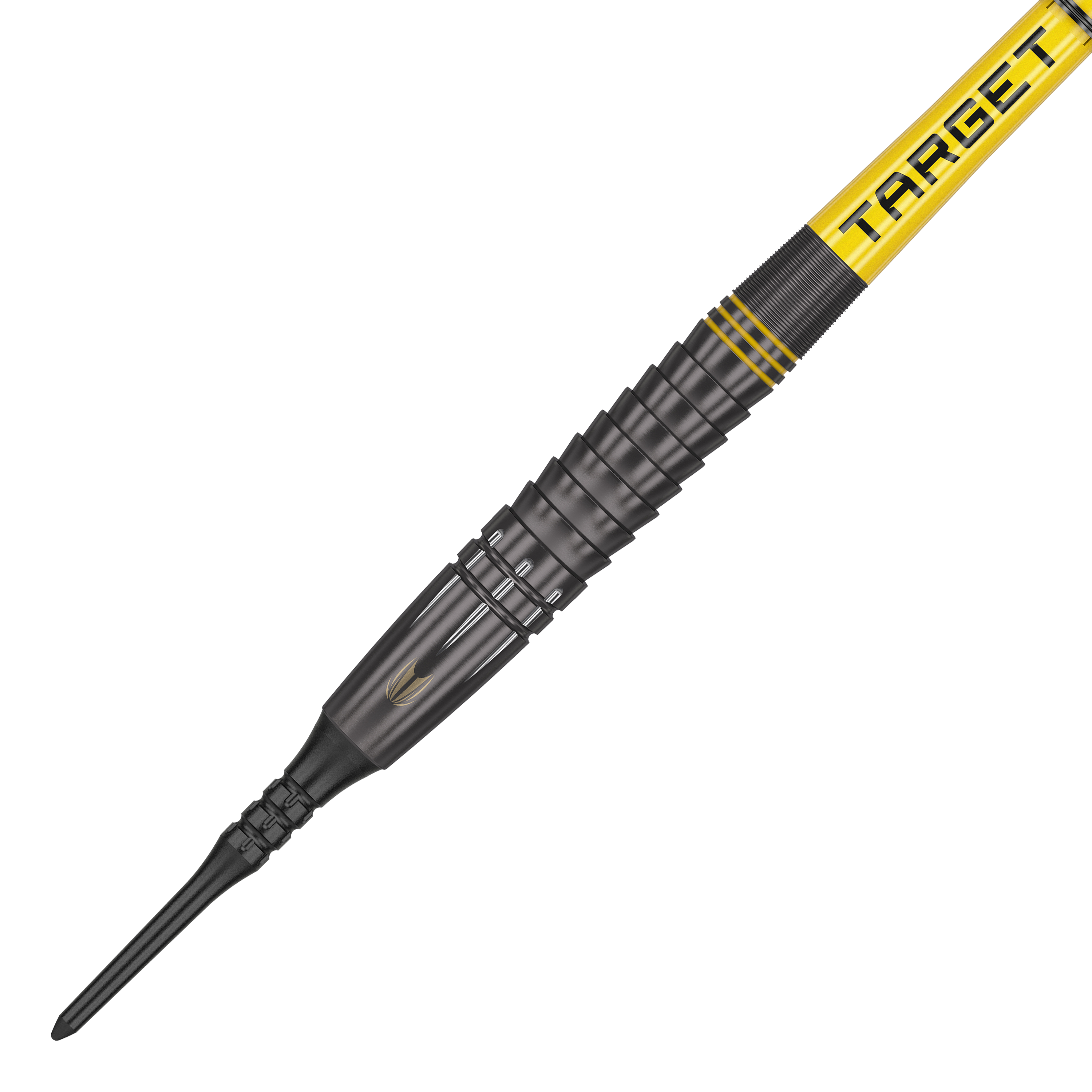 Freccette Target Scott Williams Shaggy Black Soft - 20 g Das Bild zeigt einen schwarzen Softdart mit gelben Akzenten und der Aufschrift "TARGET". Es handelt sich um das Produkt "Target Scott Williams Shaggy Black Softdarts - 20g".