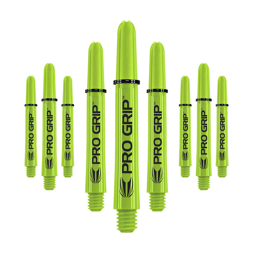 Auf dem Bild sind neun limegrüne Dart-Schäfte mit der Aufschrift "PRO GRIP" zu sehen. Sie stehen aufrecht und sind gleichmäßig angeordnet.