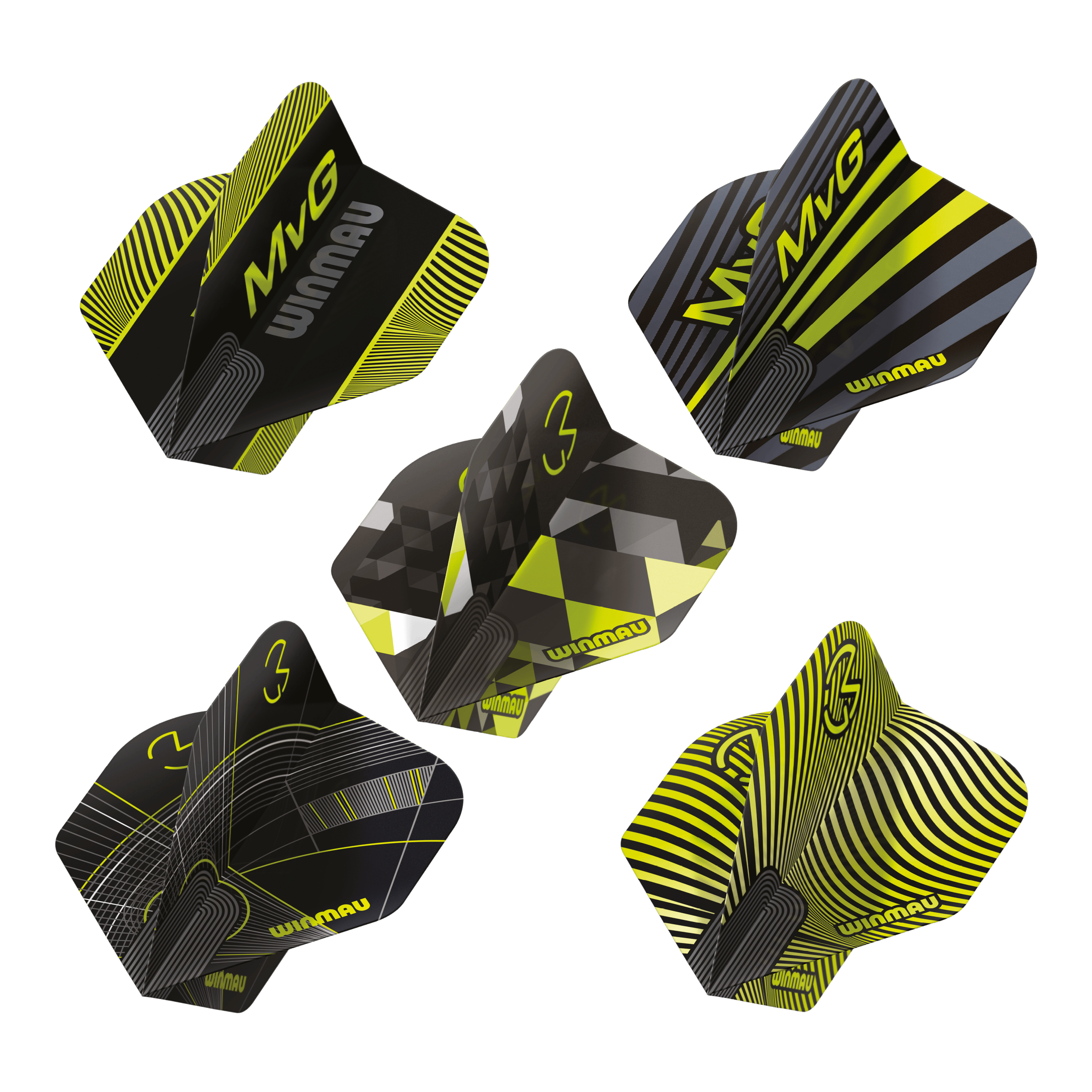 Das Bild präsentiert die Winmau Michael Van Gerwen Prism No2 Standard Flight Collection. Es handelt sich um eine Auswahl an Dart Flights.