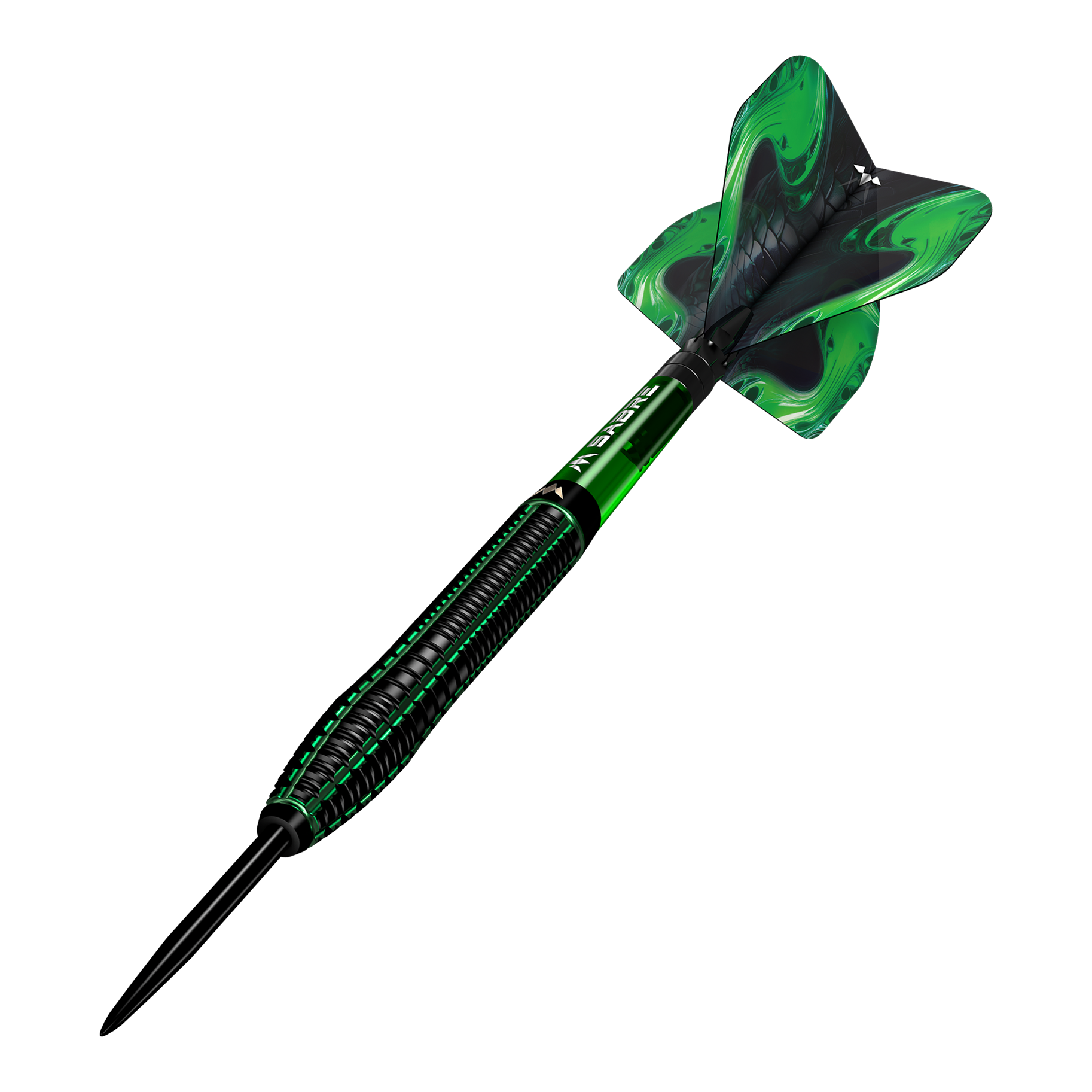 Freccette in acciaio Mission Venom Das Bild zeigt einen Mission Venom Steeldart mit schwarzem und grünem Design. Die Flights sind ebenfalls grün mit einem geschwungenen Muster.