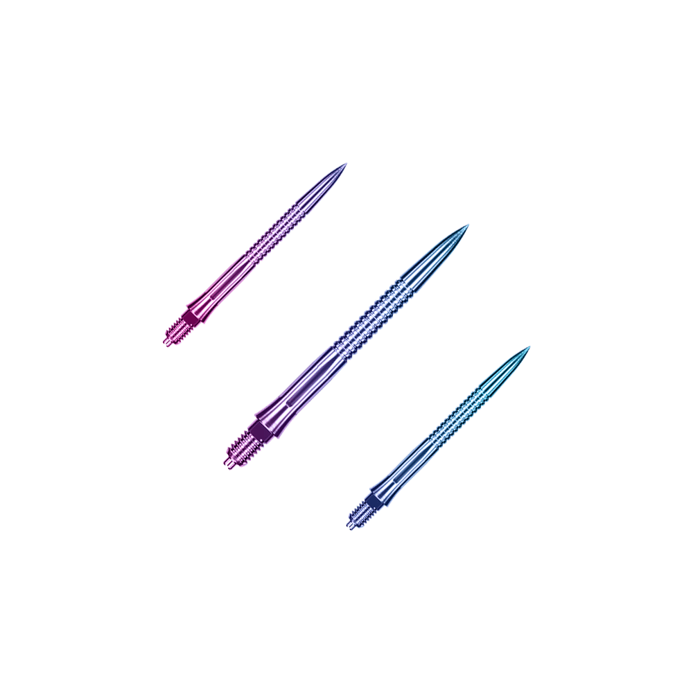 Punte per freccette Caliburn EZ-EVO - Scanalate - Arcobaleno Das Bild zeigt EVO205 Caliburn EZ-EVO Dartspitzen Grooved Rainbow 28mm als Set. Es handelt sich um mehrfarbige Dartspitzen mit Rillenstruktur.