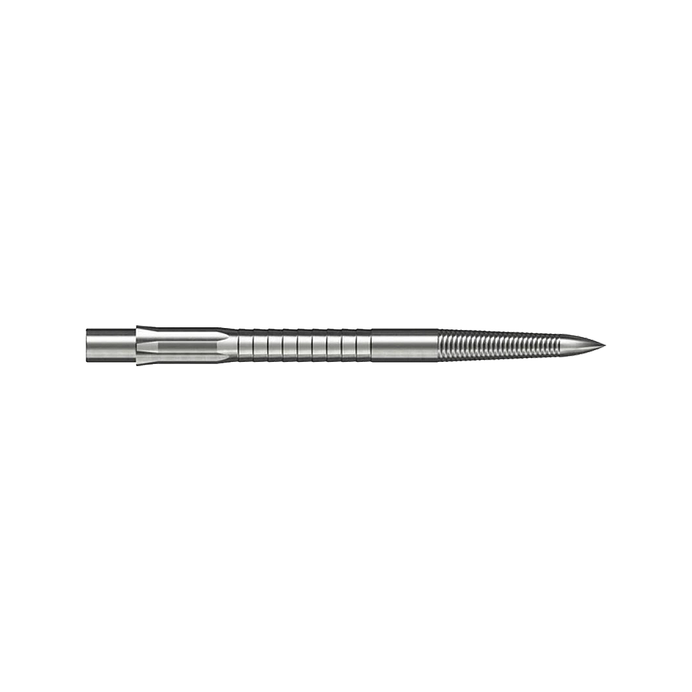 Punte per freccette in acciaio Caliburn System - Micro Grip - Argento Das Bild zeigt eine silberne Steeldartspitze mit feinen Rillen für besseren Halt. Die Spitze ist gerade und misst 32 mm in der Länge.