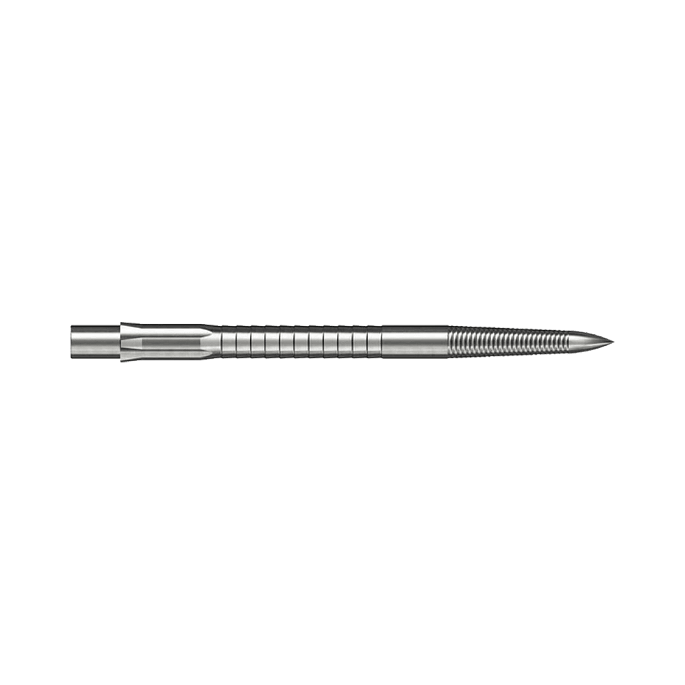 Die Abbildung zeigt eine Caliburn Evo System Steeldartspitze Micro Grip in Silber mit 36 mm Länge. Die Spitze ist detailliert und auf weißem Hintergrund dargestellt.