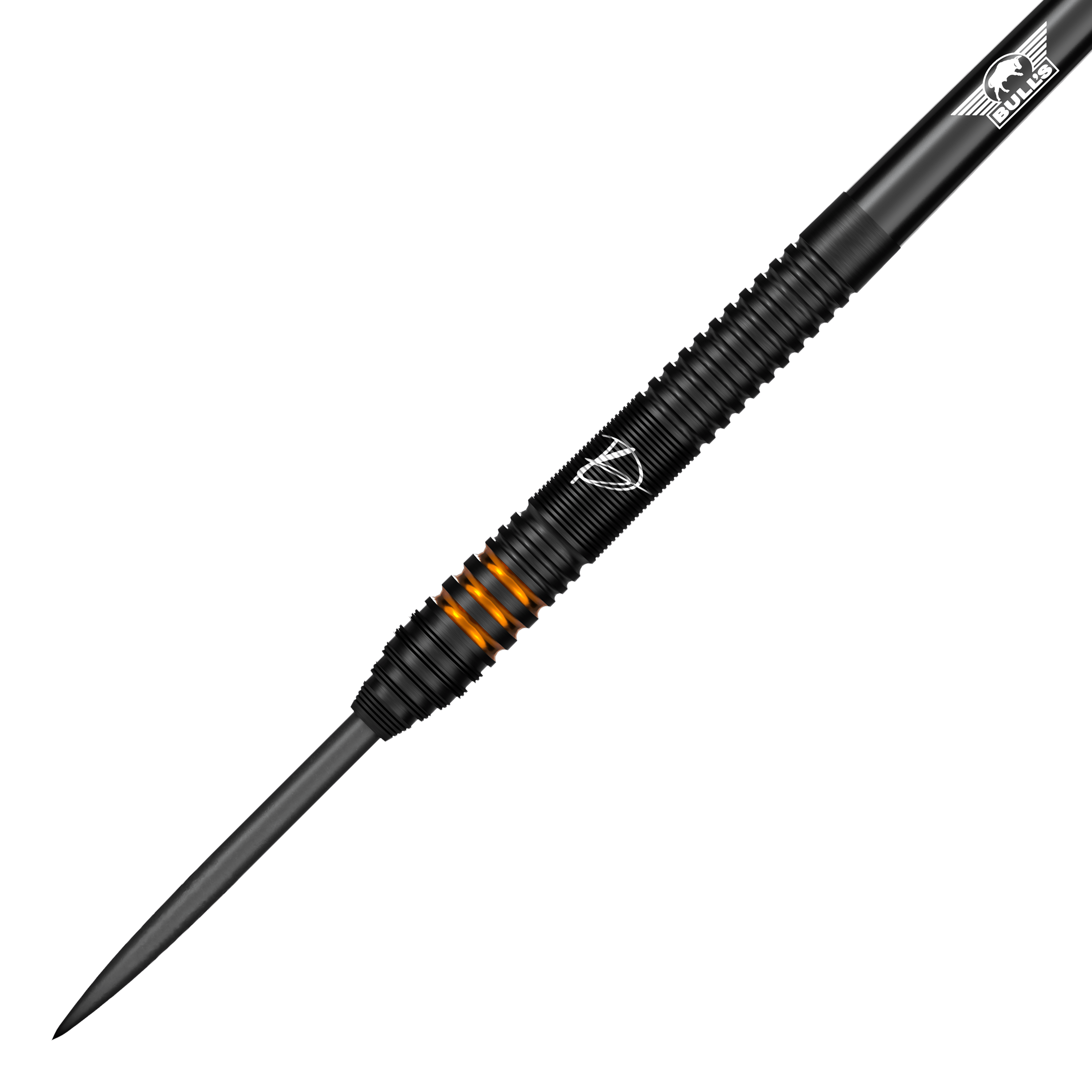 Bulls NL Dirk Van Duijvenbode Edition 2 freccette in acciaio Dies ist der Bulls NL Dirk Van Duijvenbode Edition 2 Steeldart. Der Dart ist überwiegend schwarz mit auffälligen orangefarbenen Ringen im Griffbereich.