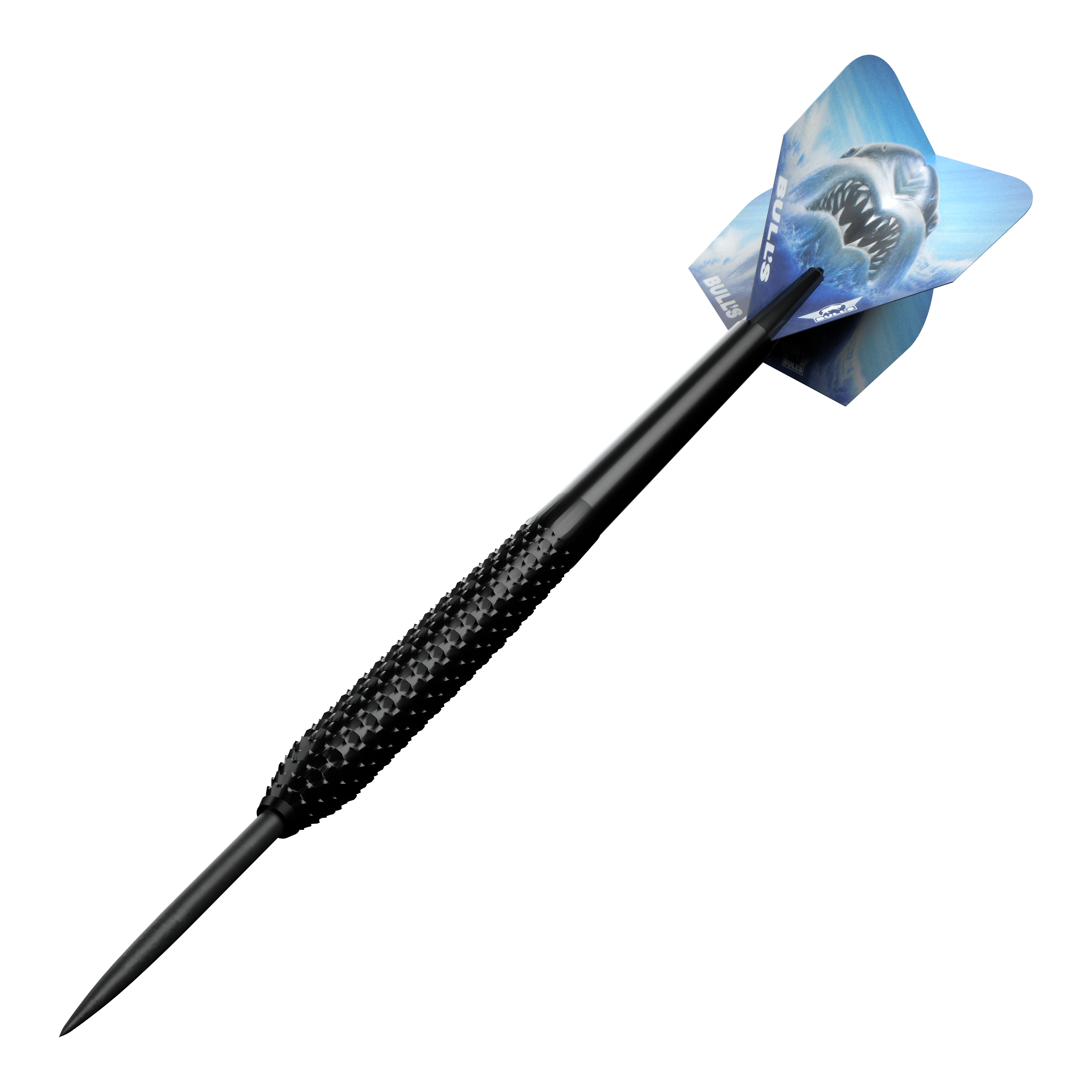 Bulls NL Shark Pro freccette in acciaio nero Der Bulls NL Shark Pro Black Steeldart ist ein schwarzer Steeldartpfeil mit einer strukturierten Griffzone. Auf dem Flight ist ein bedrohlicher Hai abgebildet.