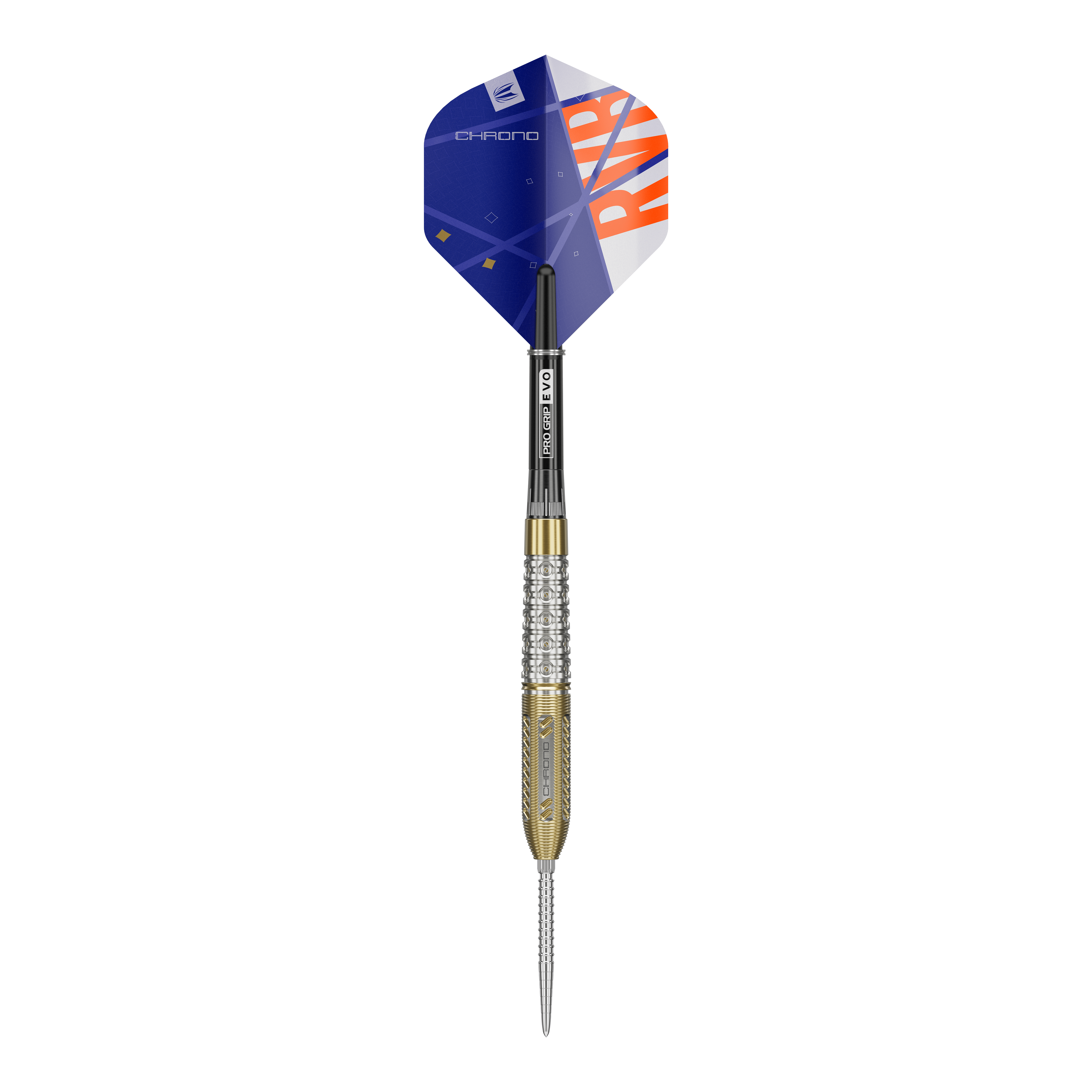 Target Raymond Van Barneveld Chrono 95 Swiss Point Steel Darts Dies ist ein Steeldart der Marke Target, Modell Raymond Van Barneveld Chrono 95 Swiss Point. Der Dart hat ein modernes Design mit gold-silbernem Barrel und einem blauen Flight mit orangen Details.
