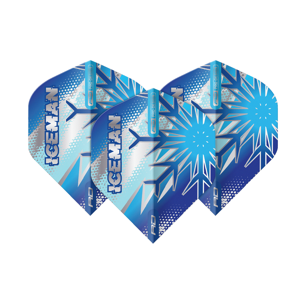 Voli standard Red Dragon Gerwyn Price Blue Flake No2 Das Bild zeigt drei blaue Dart-Flights mit Eiskristall-Muster und dem Schriftzug "ICEMAN". Die Flights sind das Produkt "Red Dragon Gerwyn Price Blue Flake No2 Standard Flights".