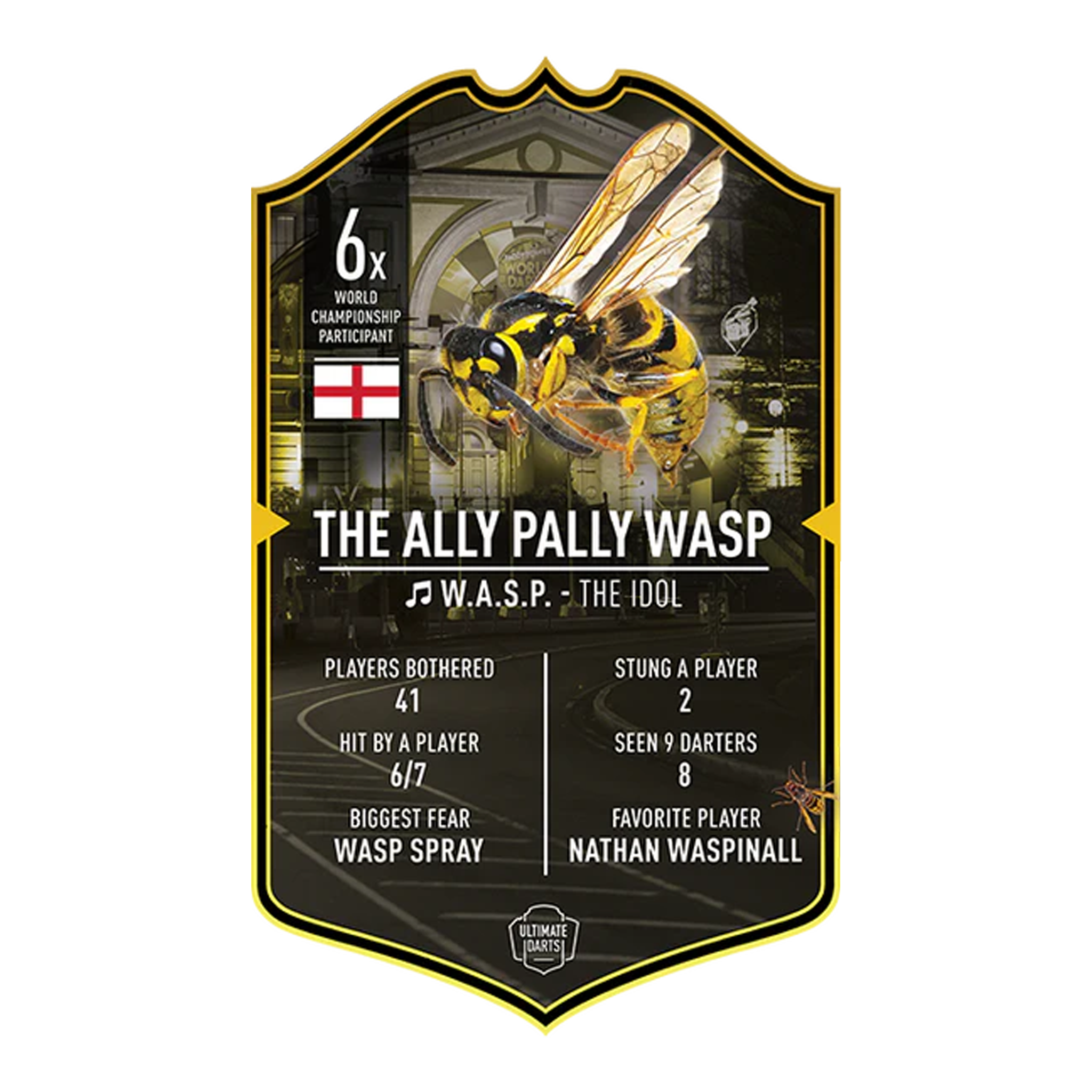 Carta Ultimate Darts - The Ally Pally Wasp Ultimate Darts Card - The Ally Pally Wasp. Diese Karte präsentiert das Motiv The Ally Pally Wasp aus der Ultimate Darts Card Serie.