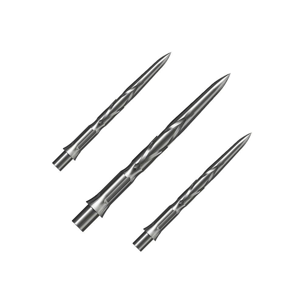 Punte per freccette in acciaio Caliburn System - HAN G2 - Argento Auf dem Bild sind drei silberne Steeldartspitzen zu sehen. Sie haben eine spitz zulaufende Form mit eingeritztem Muster.