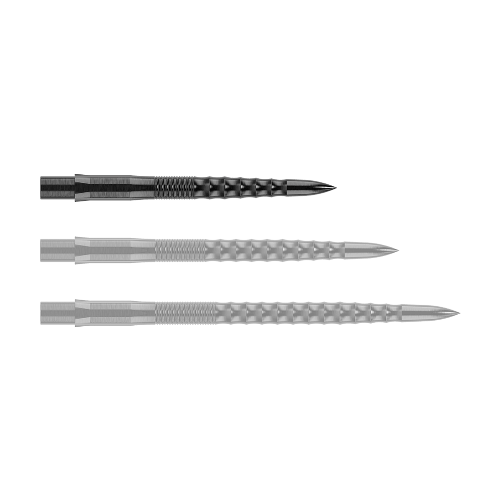 Punte per freccette Mission Caliburn EVO - Ripple - Nere Das Bild zeigt drei schwarze Steeldartspitzen mit einer geriffelten Oberfläche. Sie sind nebeneinander angeordnet und haben eine spitz zulaufende Form.