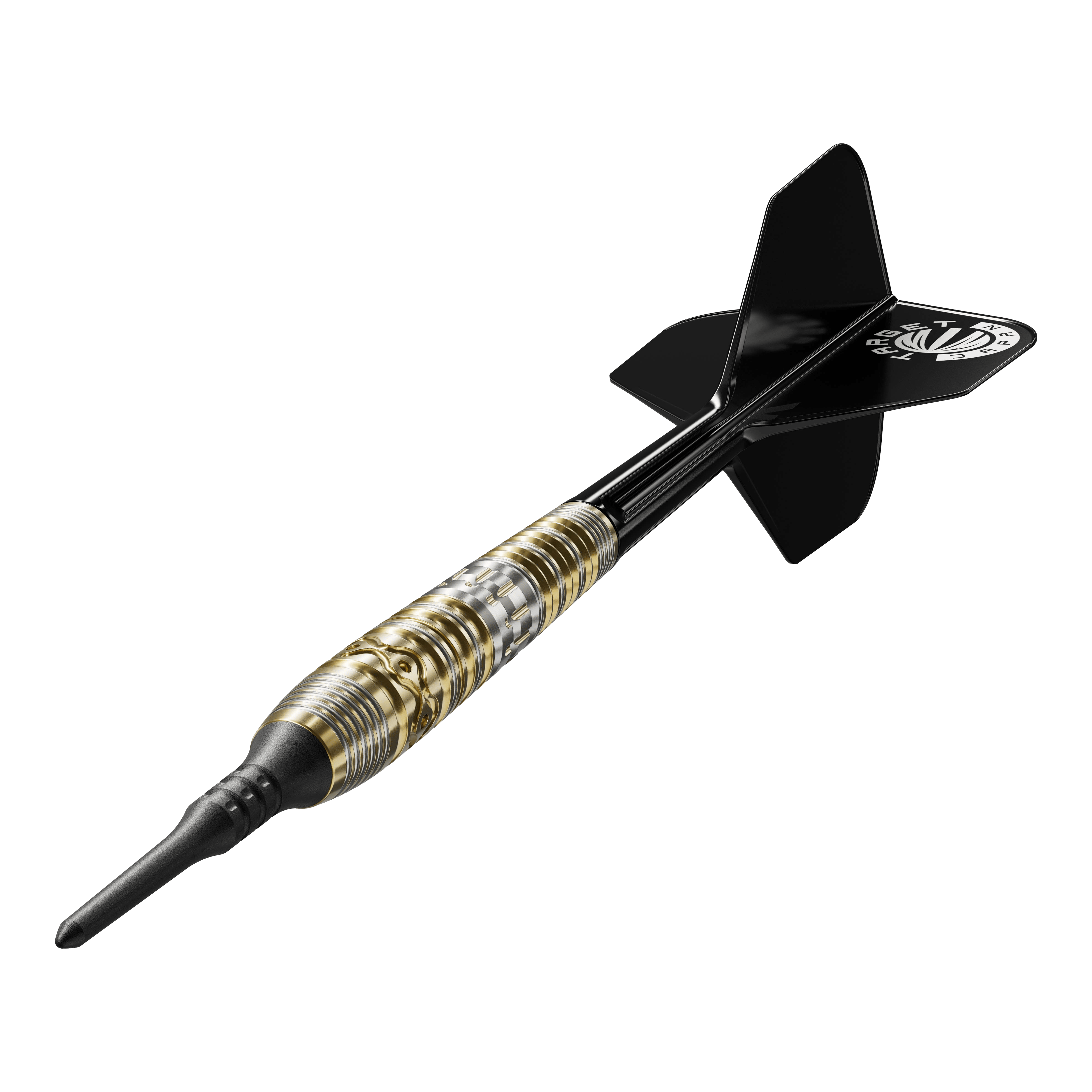 Target Japan Hot Shot GEN2 Freccette morbide - 19 g Das Bild zeigt einen Softdartpfeil namens "Target Japan Hot Shot GEN2 Softdarts - 19g". Der Dart hat ein schwarz-goldenes Design mit einer schwarzen Spitze und schwarzen Flights.