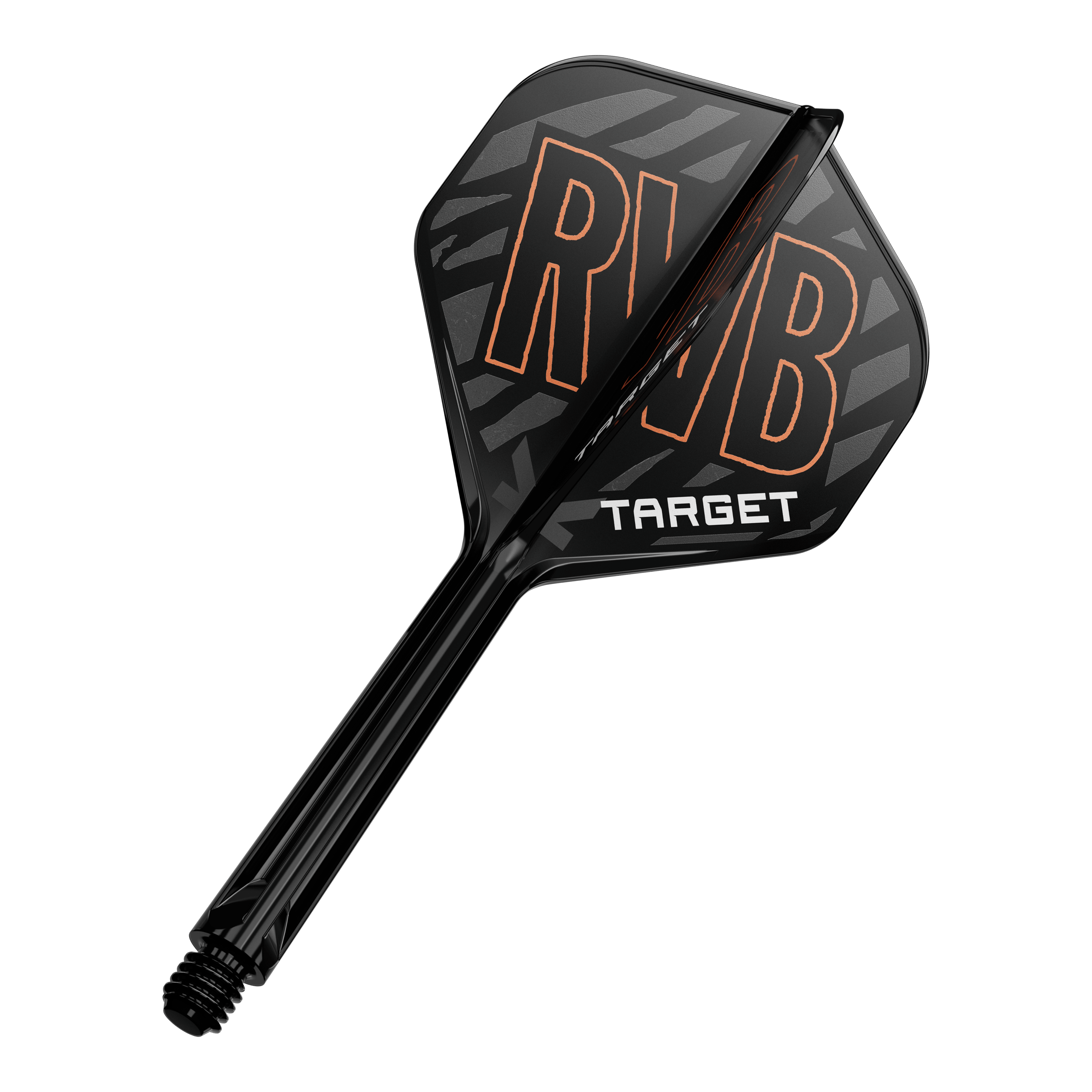 Target K-Flex Raymond Van Barneveld No2 Sistema di albero di volo standard Auf dem Bild ist ein schwarzer Dartflight mit der Aufschrift „RVB“ in orange und „TARGET“ in weiß zu sehen. Der Schaft des Darts ist ebenfalls schwarz und hat eine glänzende Oberfläche.