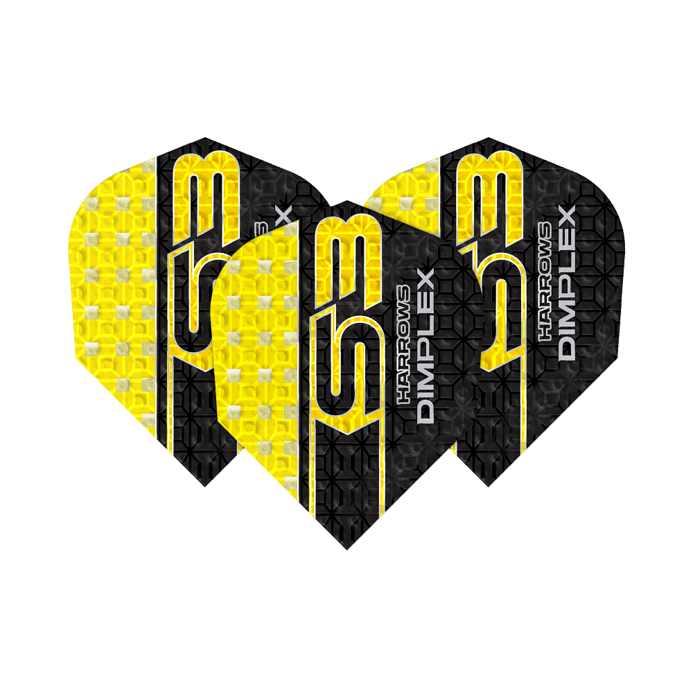 Harrows Dimplex S3 Flights - Giallo Das Bild zeigt drei gelbe und schwarze Dartflights des Modells "Harrows Dimplex S3". Auf den Flights steht der Schriftzug "S3 HARROWS DIMPLEX".