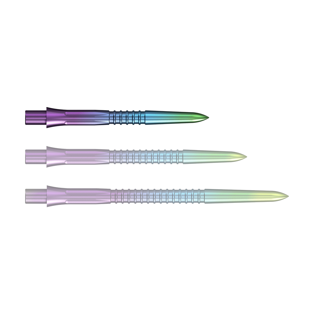 Punte per freccette Mission Caliburn EVO GV1 - Arcobaleno Gezeigt wird eine einzelne Steeldartspitze mit Rainbow-Effekt. Die Oberfläche schimmert in verschiedenen Farbtönen.