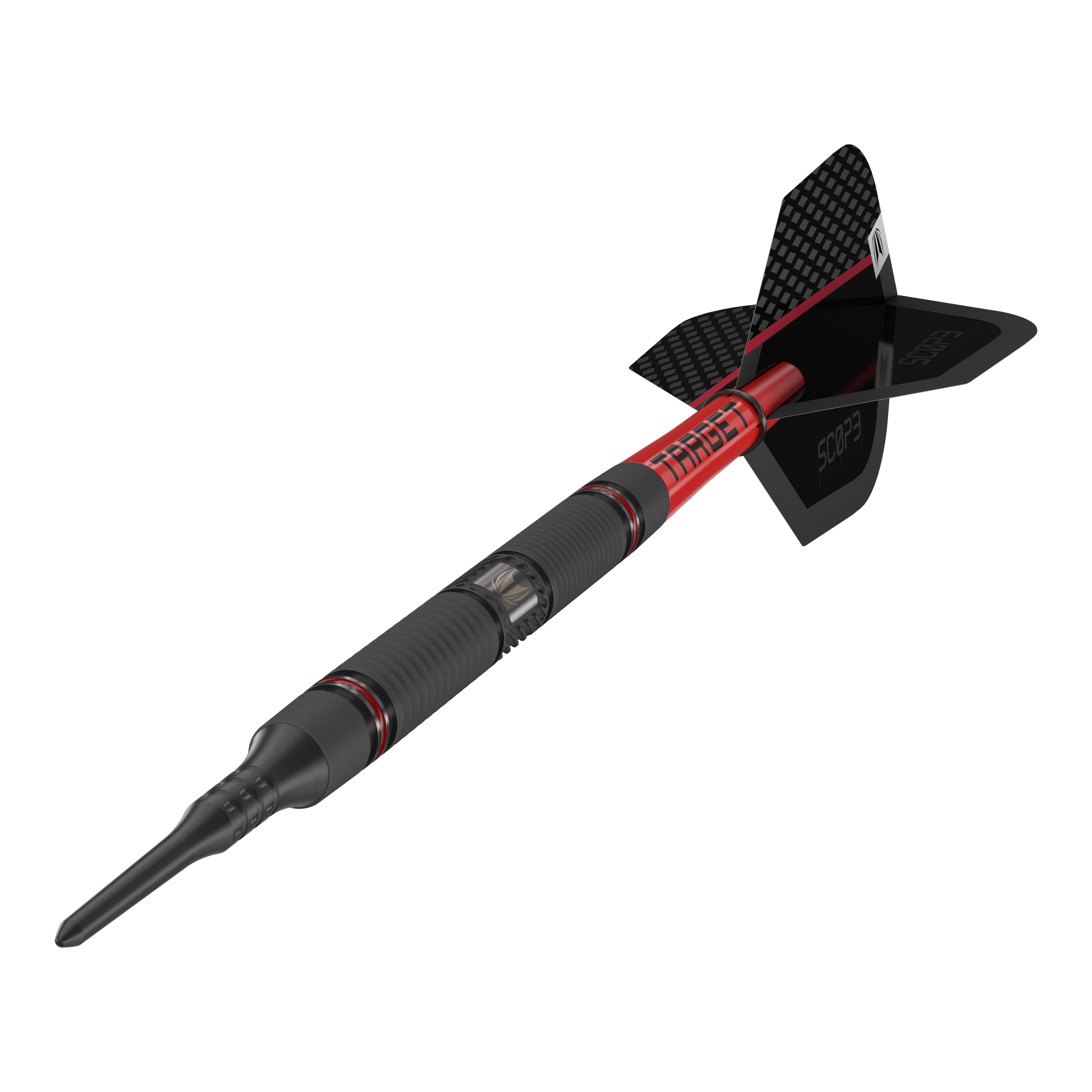 Mirino 10 freccette morbide Das Bild zeigt einen modernen Softdart mit dem Namen "Target Scope 10 Softdarts". Der Dart ist schwarz und rot gestaltet und hat eine auffällige, strukturierte Oberfläche sowie eine schwarze Flight.