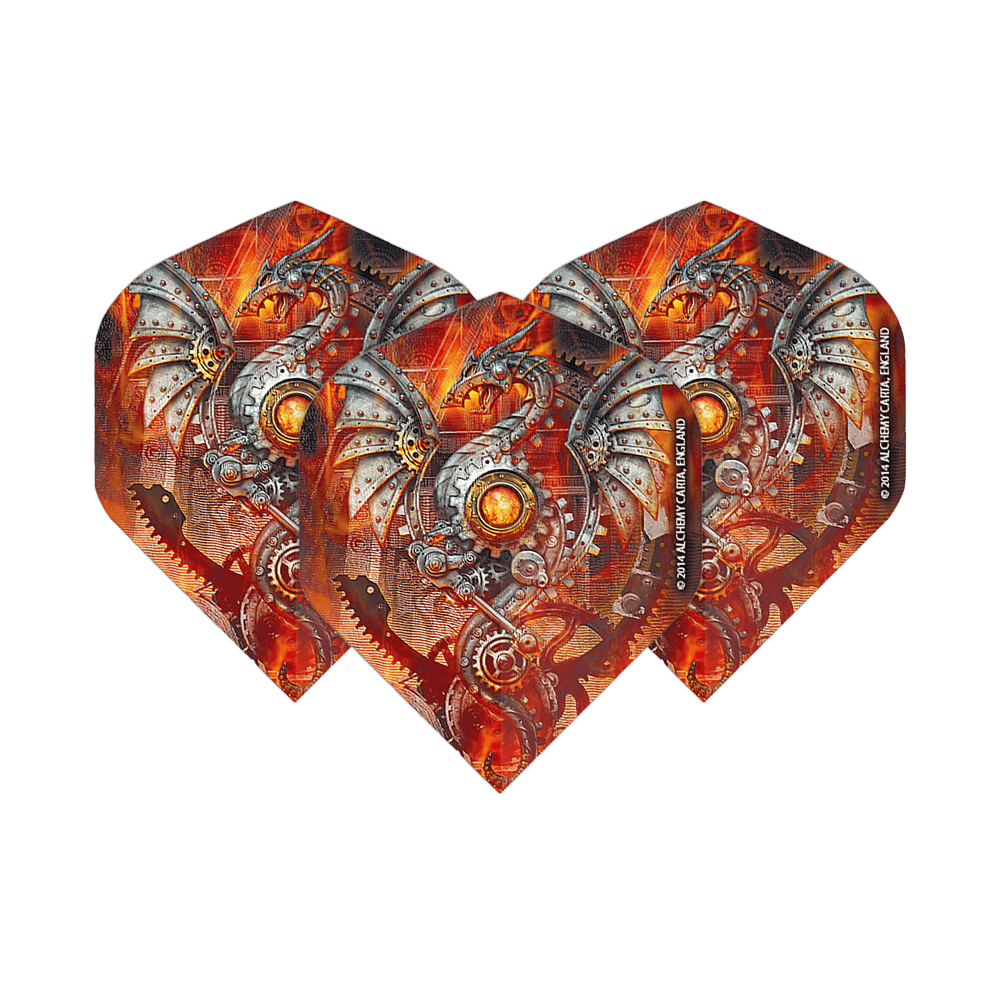 Voli standard del drago tecnico dell'alchimia n. 2 Das Bild zeigt drei Dart-Flights mit einem mechanischen Drachenmotiv in leuchtenden Orange- und Silbertönen. Die Flights sind das Produkt "Alchemy Tech Dragon No2 Standard Flights".