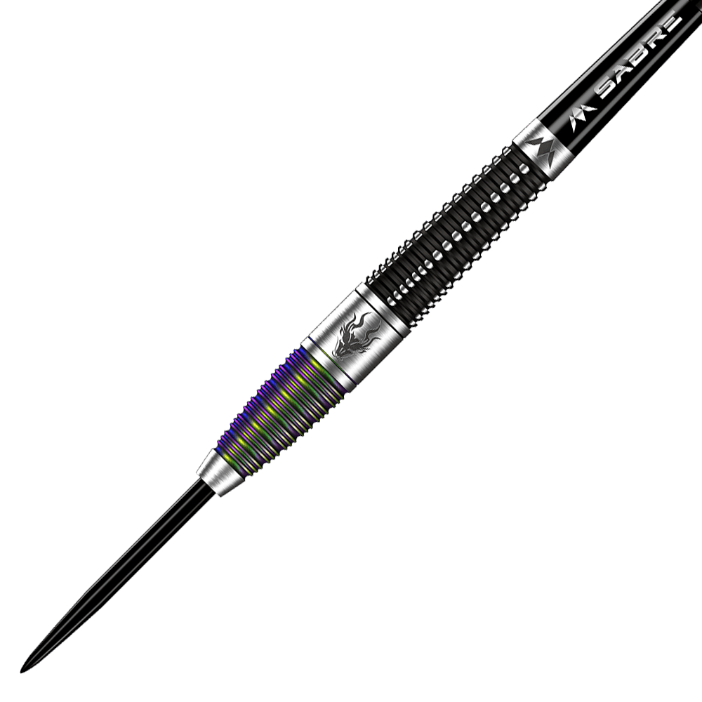 M001317_Mission_Occult_Steeldarts_2 Das Bild zeigt einen Mission Occult Steeldart mit einem Gewicht von 23 Gramm. Der Dartpfeil hat ein elegantes Design mit metallischen und farbigen Rillen.