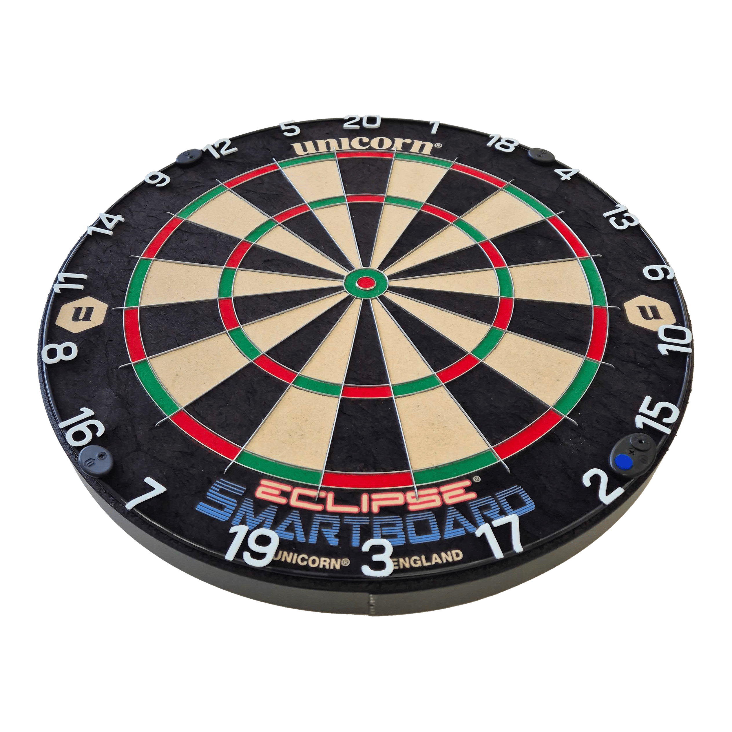 Bersaglio per freccette in acciaio Unicorn Eclipse Smartboard Das Bild zeigt das Produkt "Unicorn Eclipse Smartboard Steeldartboard". Es ist eine runde Dartscheibe mit farbigen Segmenten und weißen Zahlen am Rand.