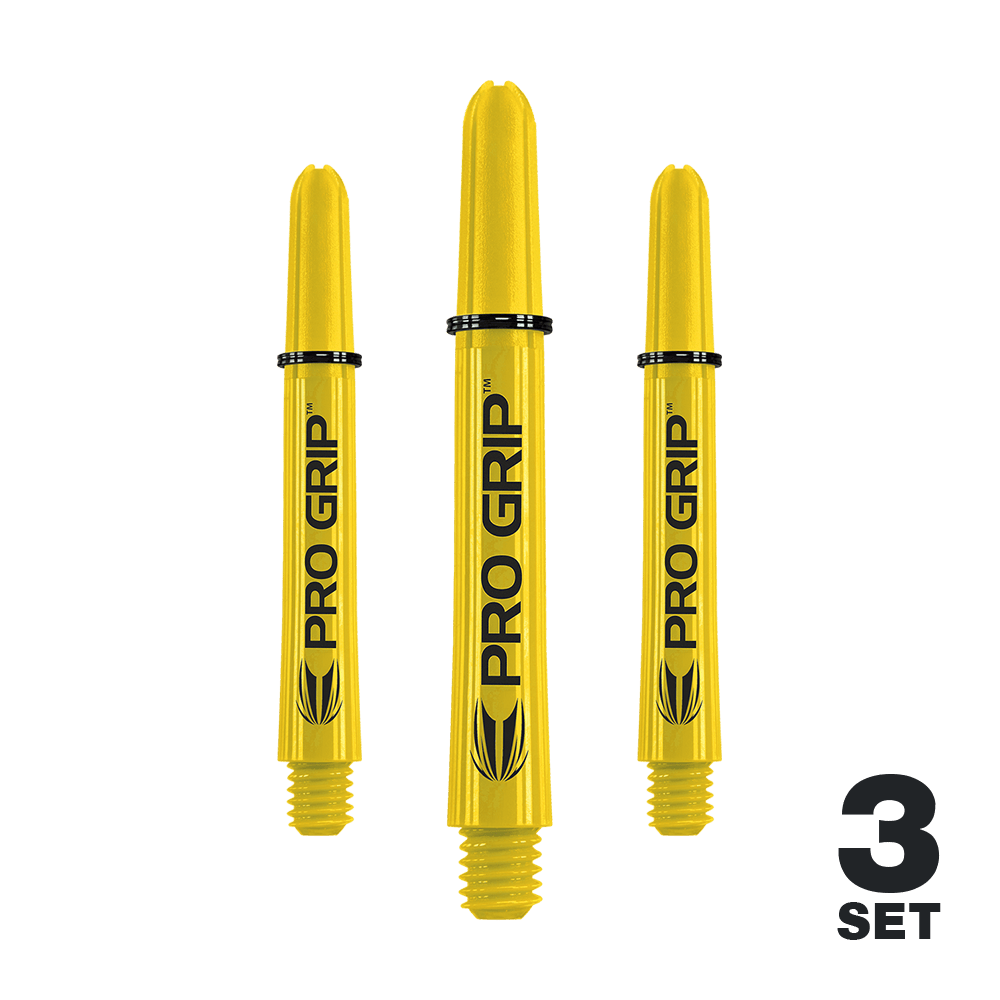Target Pro Grip Shafts - 3 set - Giallo Auf dem Bild sind drei gelbe Dartschäfte mit der Aufschrift „PRO GRIP“ zu sehen. In der rechten unteren Ecke steht „3 SET“.