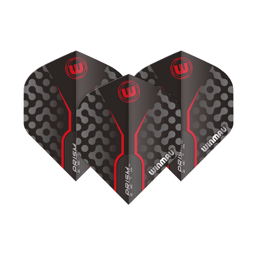 6915-306_Winmau_Prism_Zeta_GreyRed_Standard_Flights_1fPpGflTHlsCKi Das Bild zeigt drei Dart-Flights des Modells "Winmau Prism Zeta GreyRed Standard". Die Flights sind grau mit roten Akzenten und einem modernen Muster gestaltet.