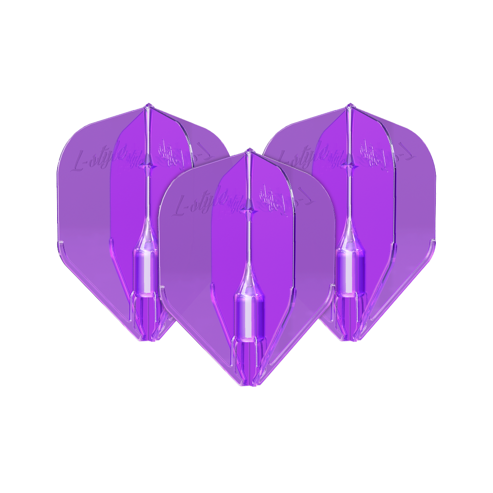 Alette L-Style Fantom L3EZ viola Das Bild zeigt drei violette L-Style Fantom L3EZ Flights für Darts. Sie sind nebeneinander angeordnet und haben eine glänzende, transparente Oberfläche.
