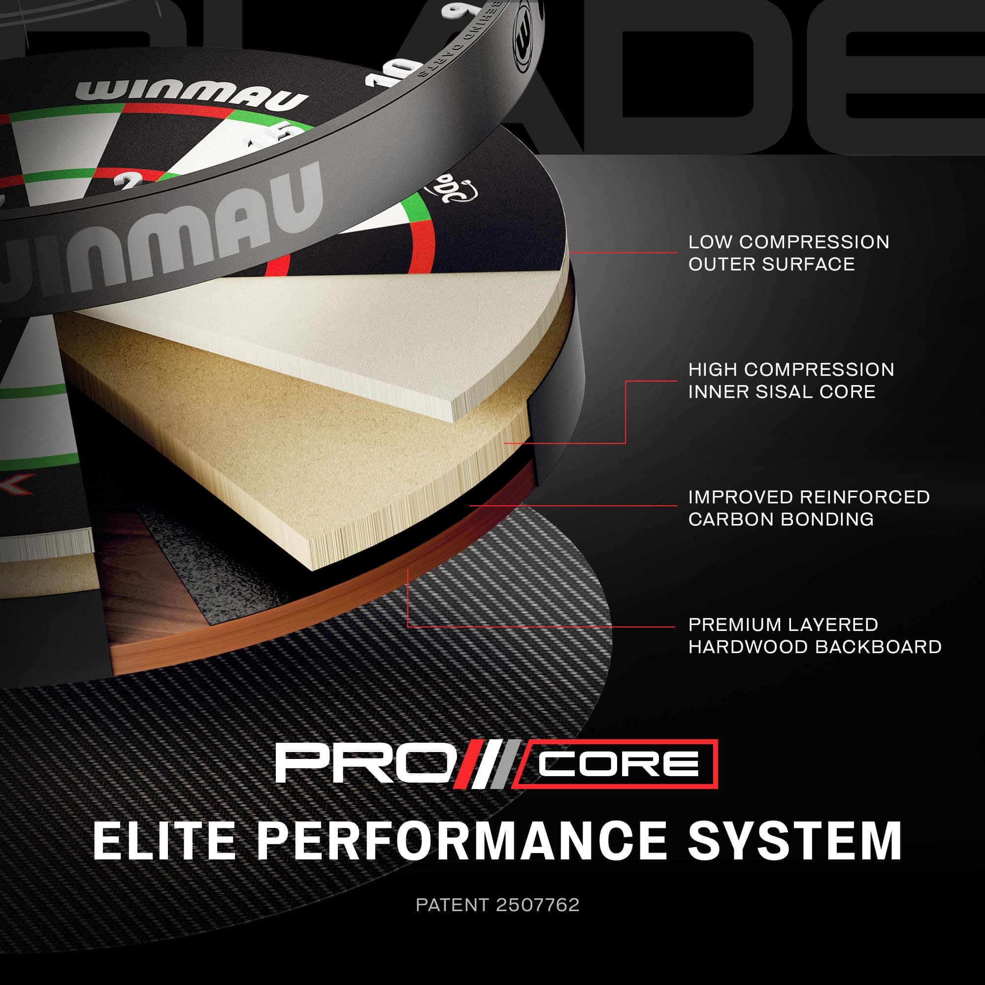 Das Bild zeigt einen weiteren Blick auf das Winmau Blade X ProCore Steeldartboard. Die Aufnahme fokussiert auf die Oberfläche und das Segment-Design.