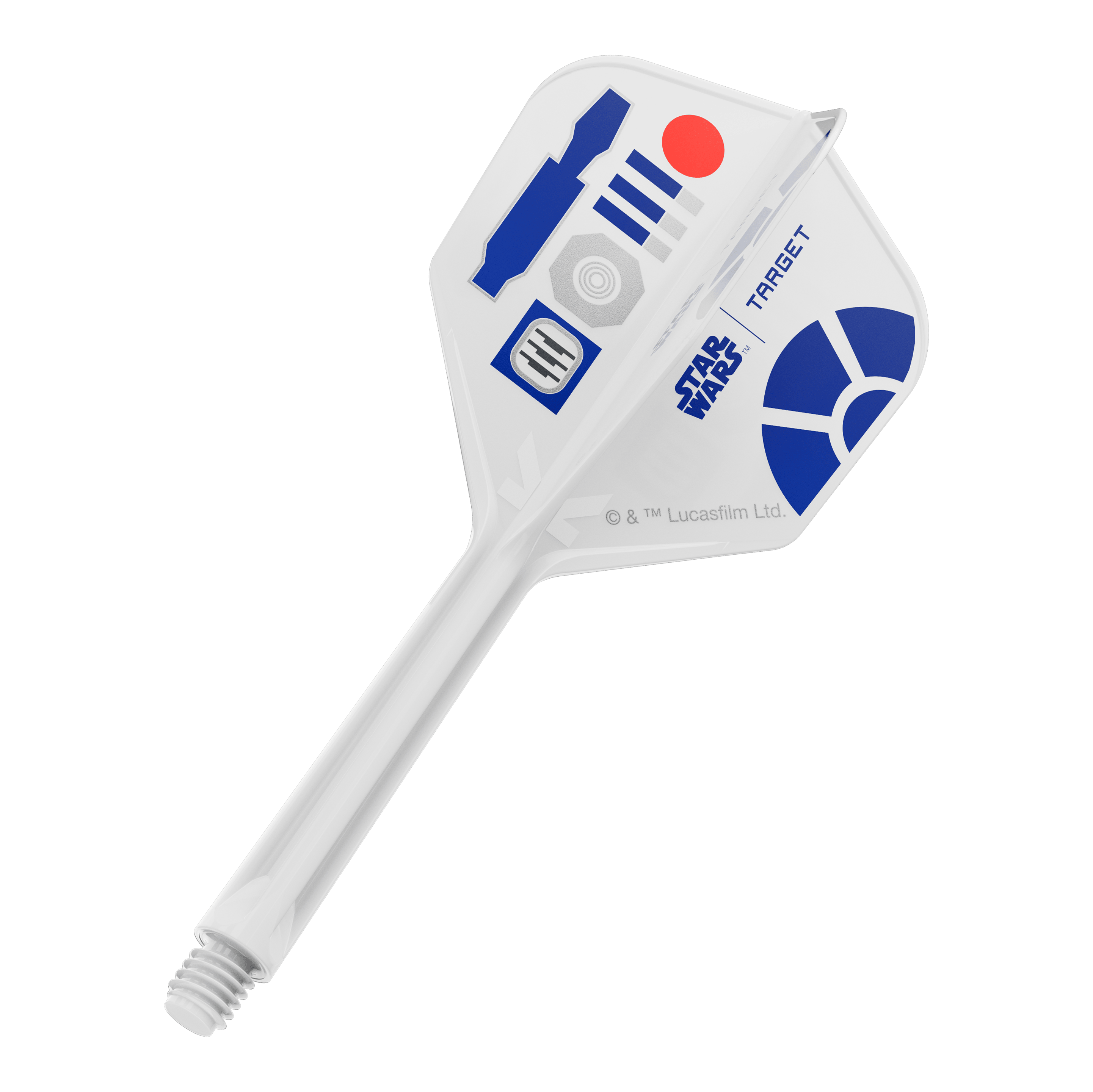 Voli Target Star Wars K-Flex R2D2 No6 Das Bild zeigt ein Produkt mit dem Dateinamen 410512_Target_StarWars_KFlex_R2D2_No6_Flights_Medium_33mm_1. Es dürfte ein Dart-Flight im Star Wars Design sein.
