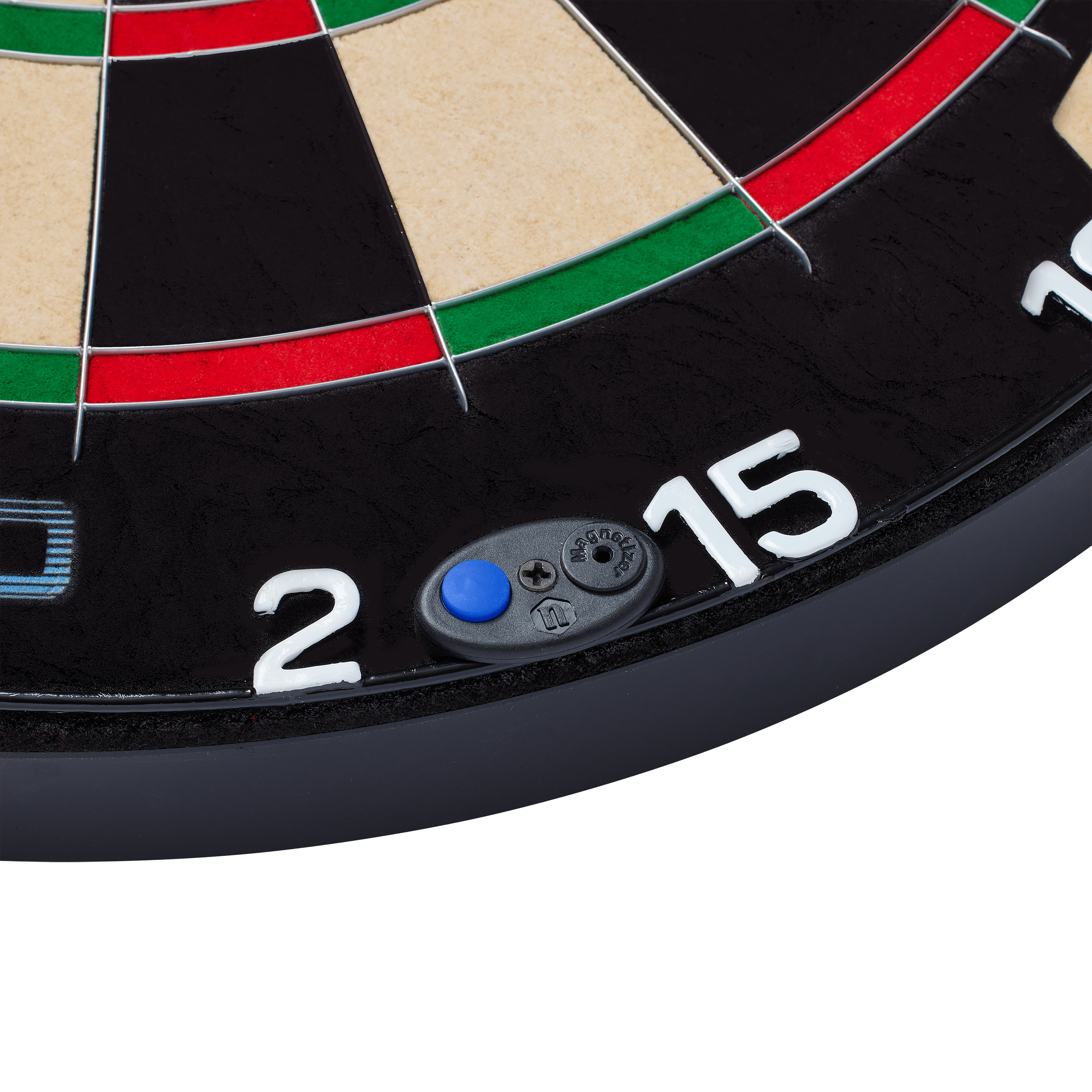 Bersaglio per freccette in acciaio Unicorn Eclipse Smartboard Das Bild zeigt einen Ausschnitt eines Steeldartboards mit den Zahlen 2 und 15. Es handelt sich um das Produkt "Unicorn Eclipse Smartboard", das auch einen kleinen blauen Knopf am Rand besitzt.