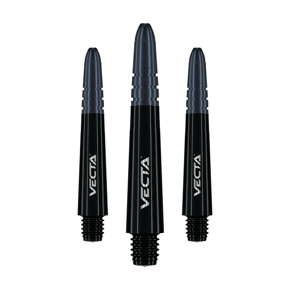 Alberi Winmau Vecta - Nero Auf dem Bild sind drei schwarze Dart-Schäfte mit der Aufschrift "Vecta" zu sehen. Sie sind unterschiedlich groß und haben ein modernes, glänzendes Design.