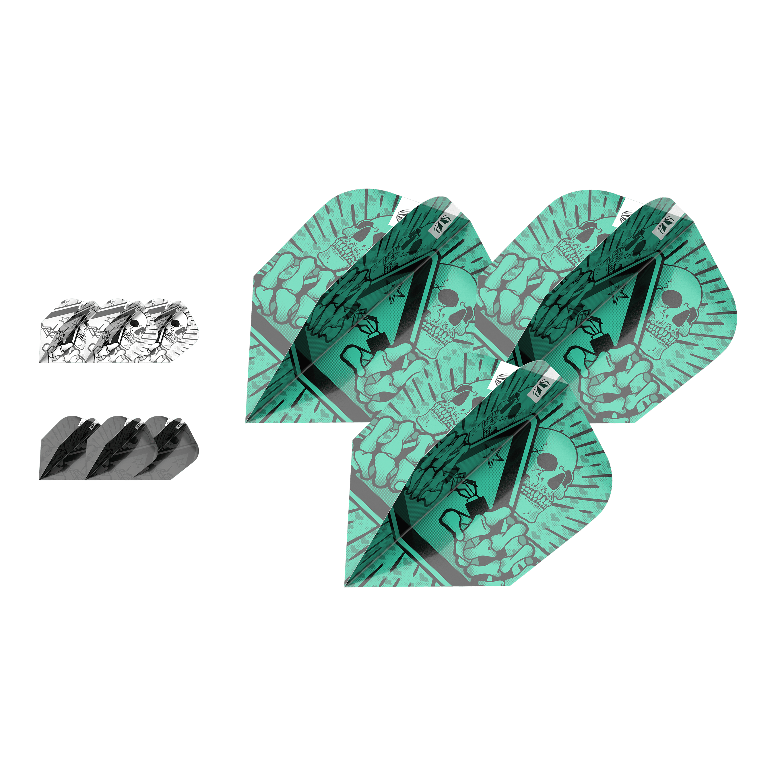 Target Ink Bundle 3 set di alette Rob Cross Ten-X Das Bild zeigt das Produkt „Target Ink Bundle 3 Sets Rob Cross Ten-X Flights“. Es sind drei verschiedene Dart-Flights mit auffälligen Mustern zu sehen, darunter ein grünes Design mit Totenkopf.