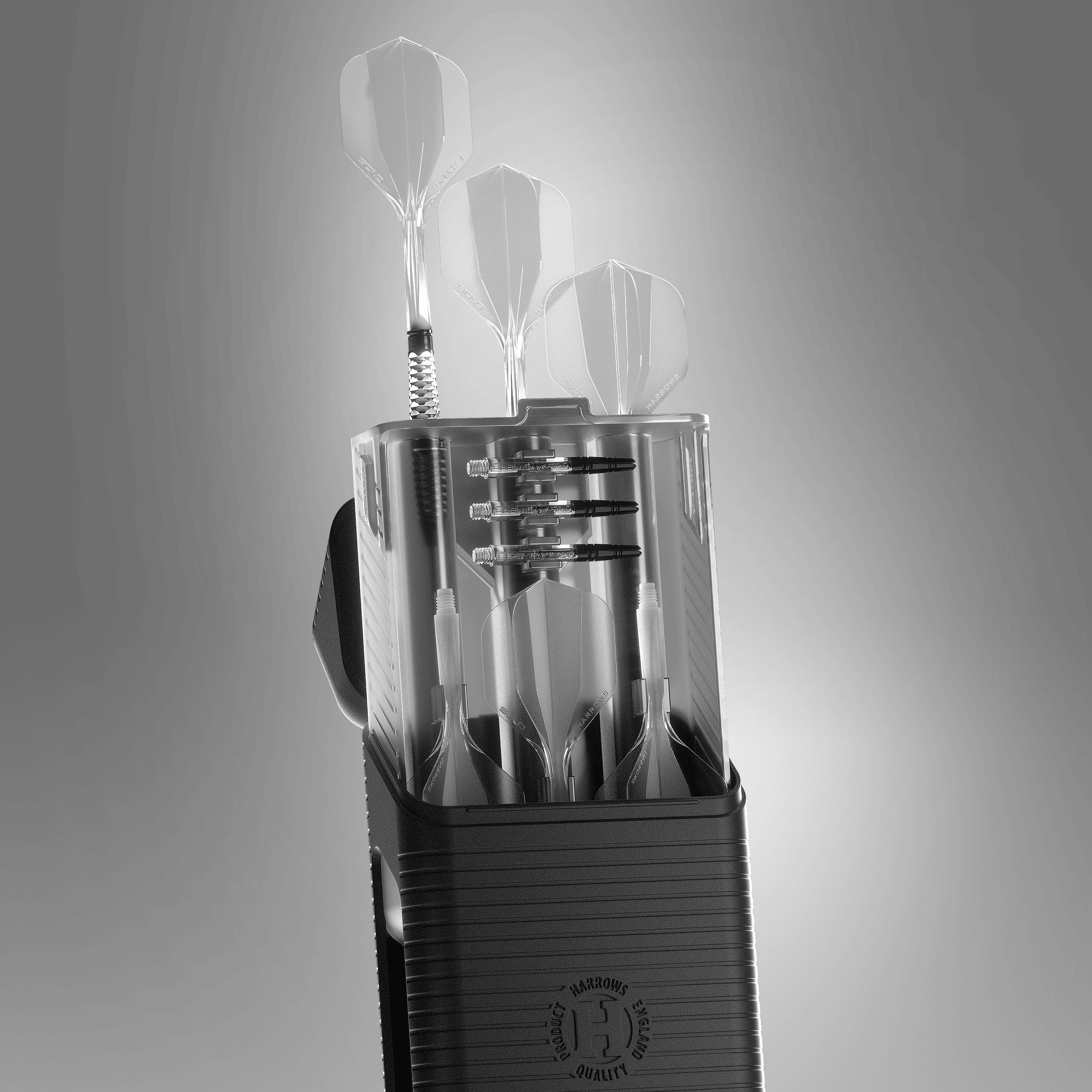Custodia per freccette Harrows Vault Ein Harrows Vault Dartcase Clear (durchsichtig) ist auf dem Bild abgebildet. Das geöffnete Etui zeigt den Innenraum zum Verstauen von Dartpfeilen.