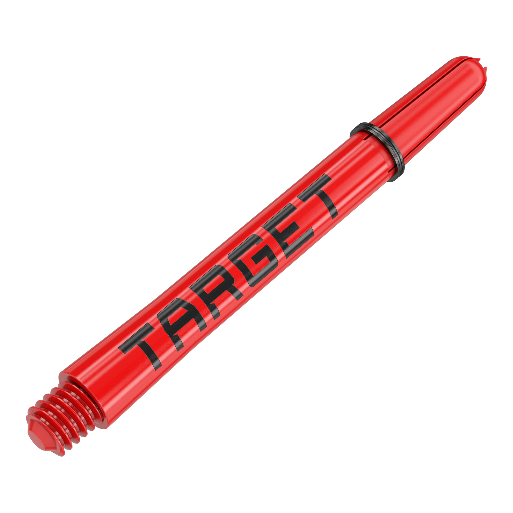 Aste Target Pro Grip TAG - 3 set - Rosso Auf dem Bild ist ein roter Dart-Schaft mit der Aufschrift "TARGET" zu sehen. Der Schaft hat am Ende ein Schraubgewinde und einen schwarzen Gummiring.