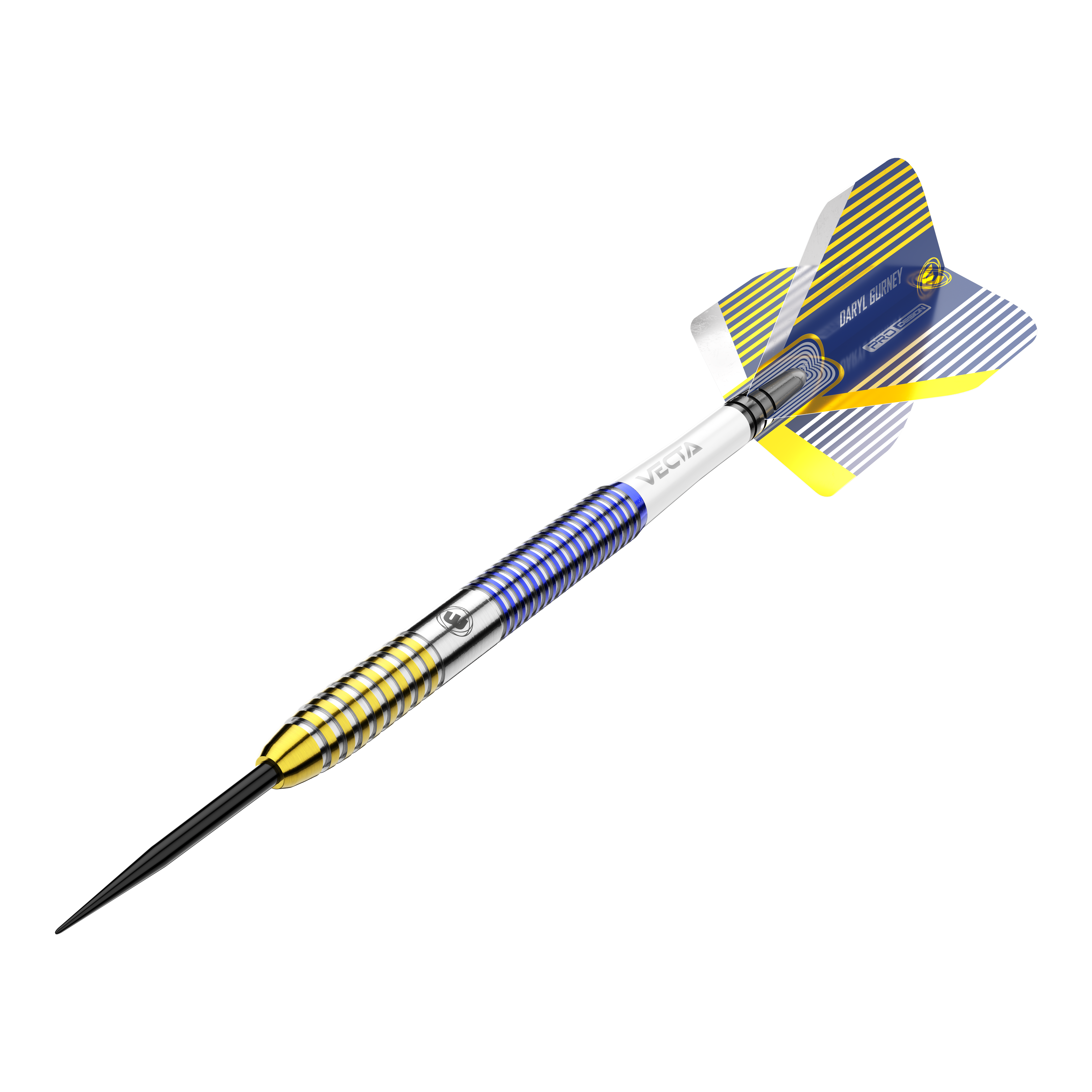Freccette in acciaio Winmau Daryl Gurney SC 1.0 Series - 23 g Das Bild zeigt einen Winmau Daryl Gurney SC 1.0 Series Steeldart mit einem Gewicht von 23g. Der Dart ist bunt gestaltet, hauptsächlich in Blau, Gelb und Silber.